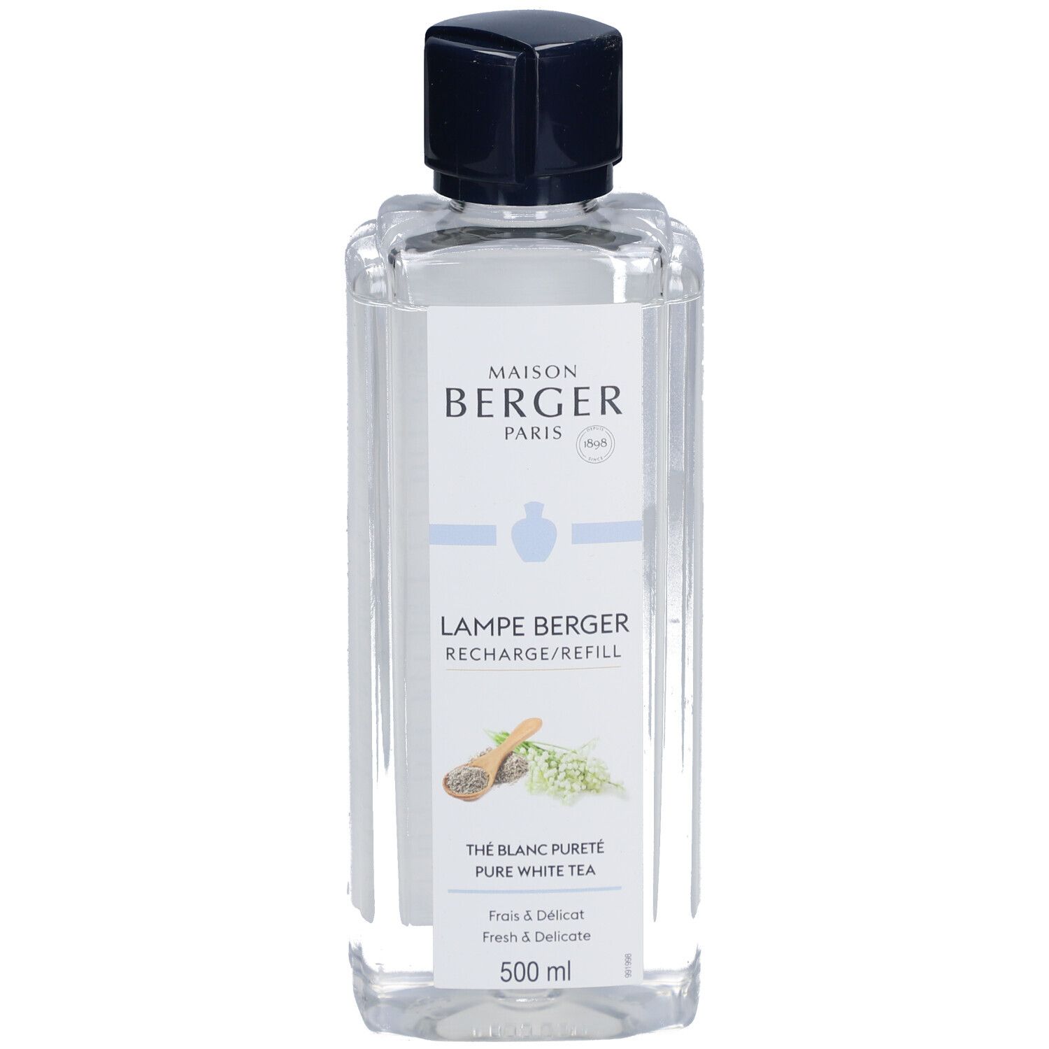 Klare Flasche mit schwarzem Deckel. Etikett mit Text: Maison Berger Paris, Thé Blanc Pureté. 500 ml.