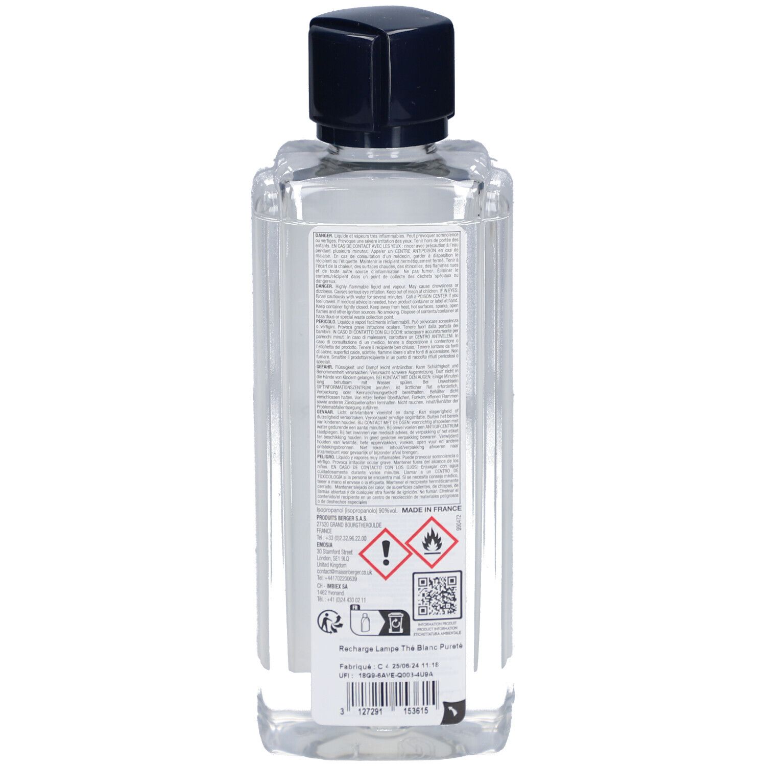 Rückseite einer transparenten Flasche mit schwarzem Deckel. Etikett mit Text und Warnhinweisen.