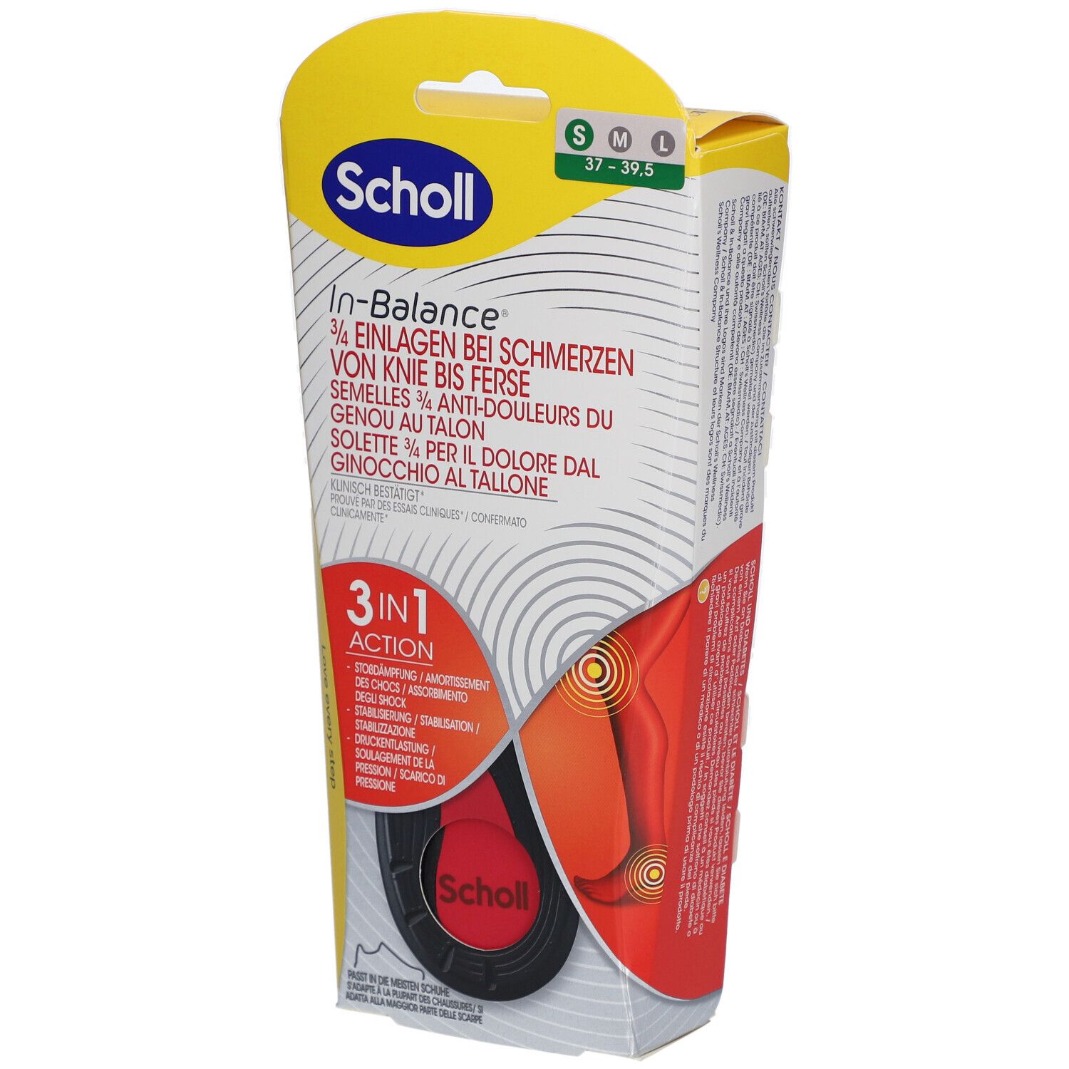 Scholl In-Balance Einlegesohlen, Verpackung. 3/4 Einlagen bei Schmerzen von Knie bis Ferse. Größe S/M 37-39. 3in1 Action.