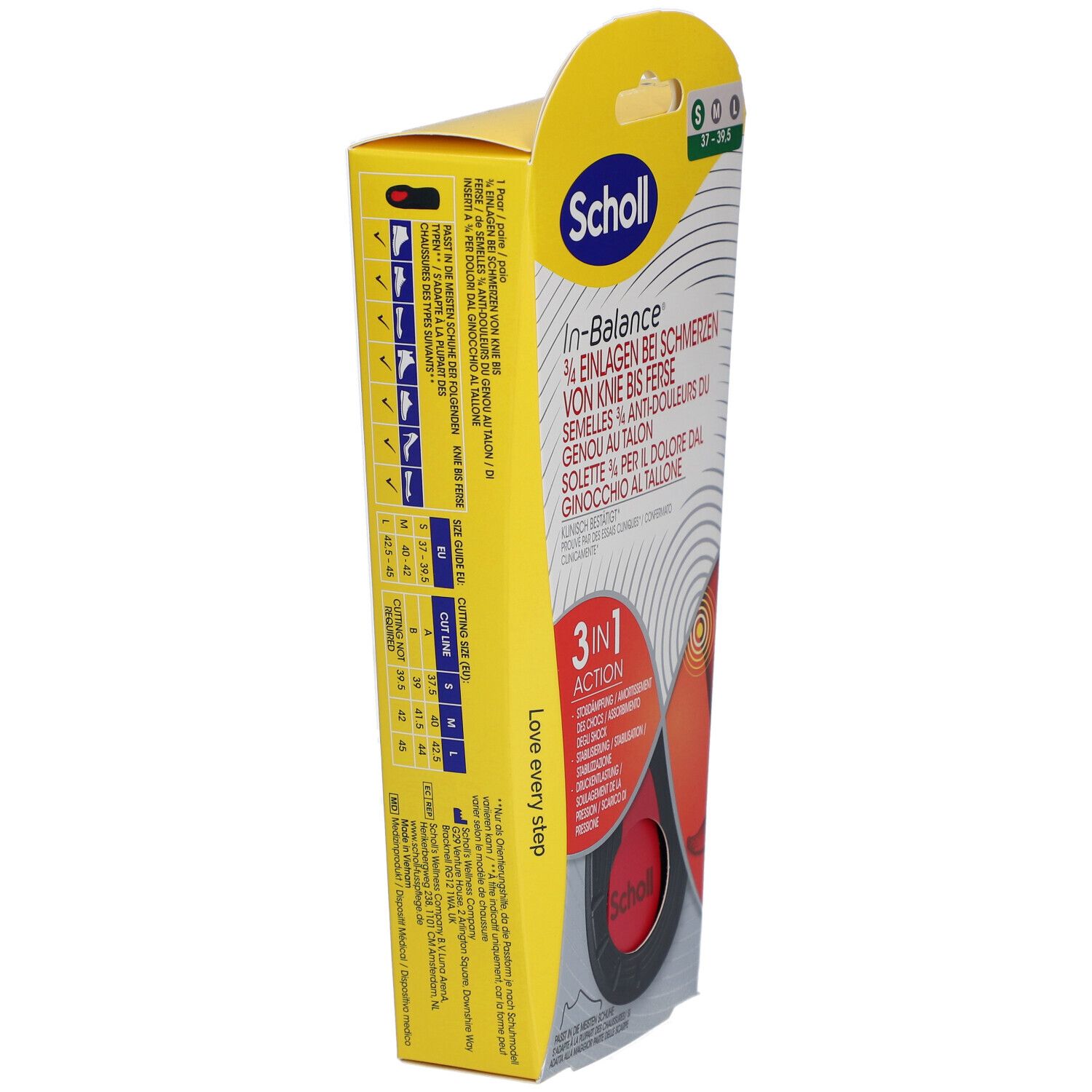 Scholl In-Balance Verpackung, Seitenansicht. Größenangaben und Produktinformationen. 3/4 Einlagen bei Schmerzen von Knie bis Ferse.