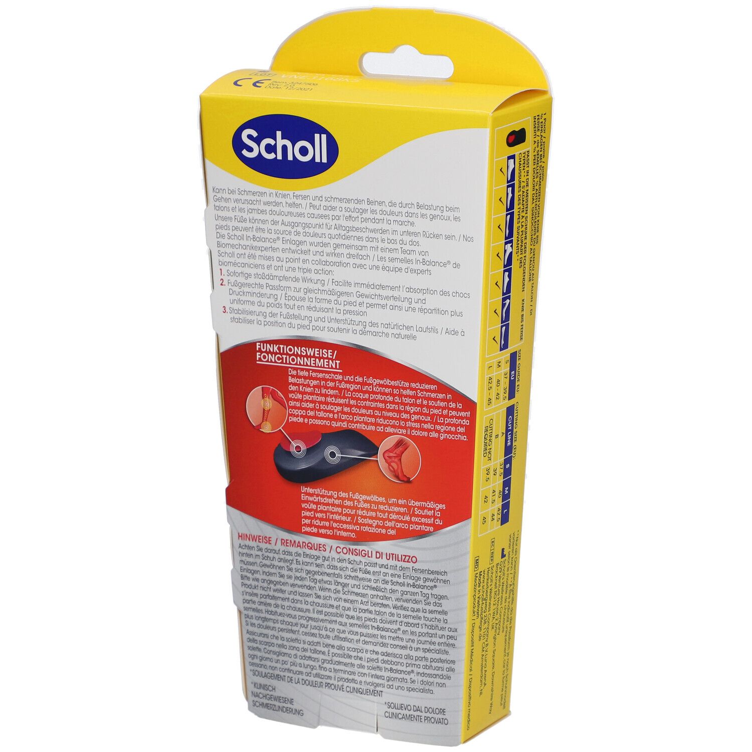 Scholl In-Balance Verpackung, Rückseite. Produktinformationen und Funktionsweise der Einlagen. 3/4 Einlagen bei Schmerzen.