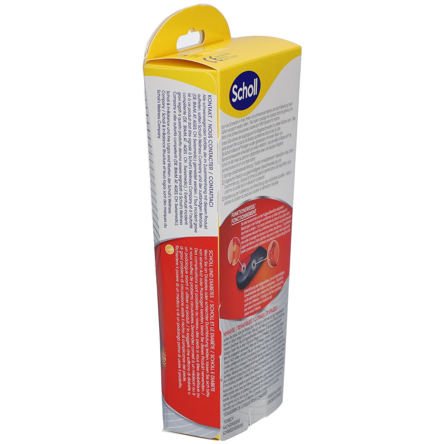 Scholl In-Balance Verpackung, Rückseite. Produktinformationen und Gebrauchsanweisungen. 3/4 Einlagen bei Schmerzen von Knie bis Ferse.