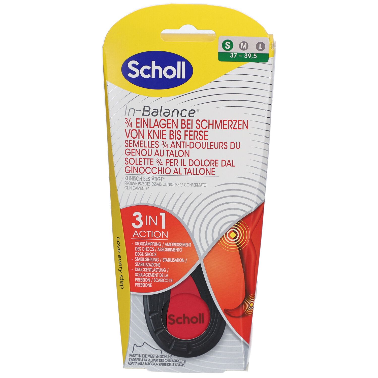 Scholl In-Balance Einlegesohlen, Verpackung. 3/4 Einlagen bei Schmerzen von Knie bis Ferse. Größe S/M 37-39. 3in1 Action.