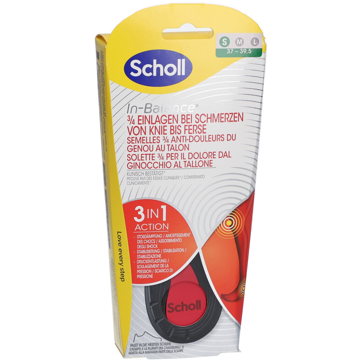 Scholl In-Balance Einlegesohlen, Verpackung. 3/4 Einlagen bei Schmerzen von Knie bis Ferse. Größe S/M 37-39. 3in1 Action.
