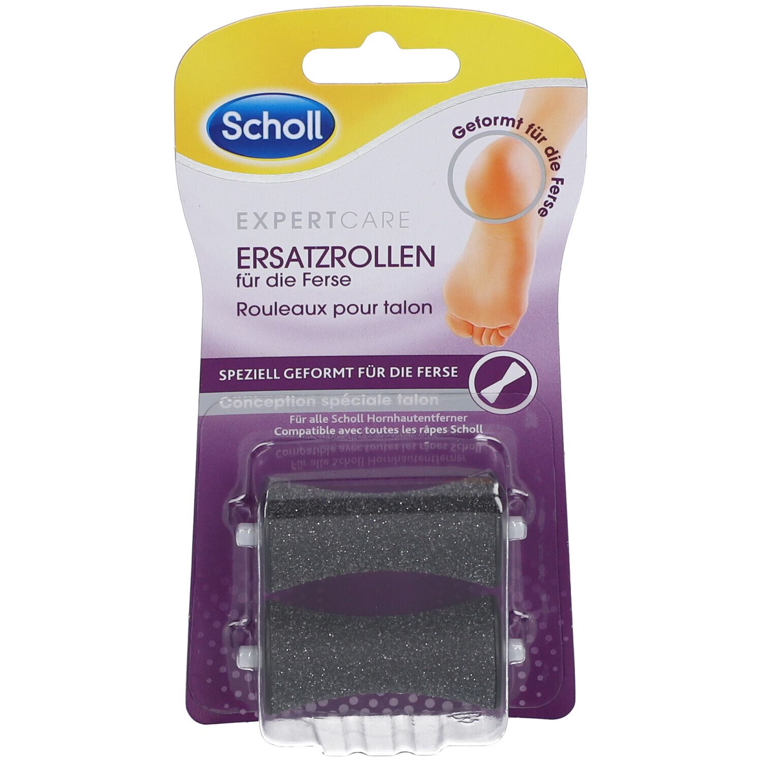 Ersatzrollen für die Ferse in Verpackung. Schwarze Rollen mit lila Akzenten. Scholl-Logo oben.