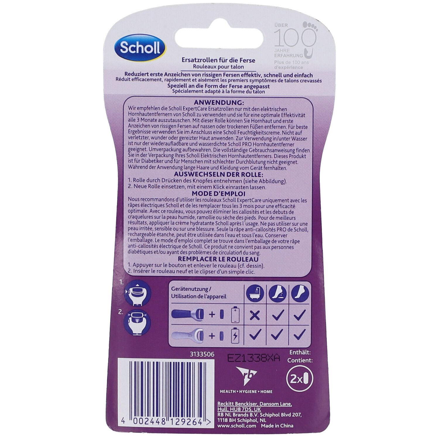 Rückseite der Ersatzrollen-Verpackung. Text und Illustrationen. Scholl-Logo und Produktname.