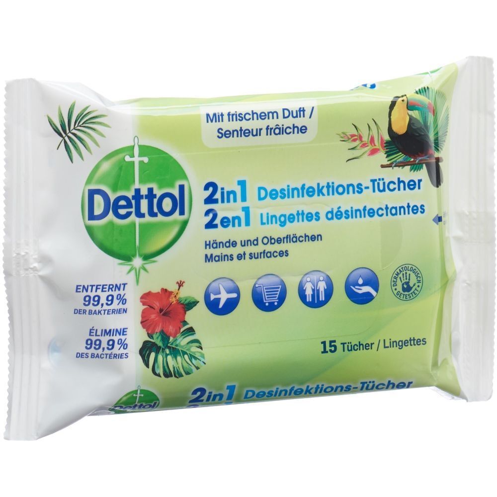 Paquet de lingettes désinfectantes Dettol 2 en 1. Vert et blanc. Contient 15 lingettes. Texte : "Mains et surfaces".