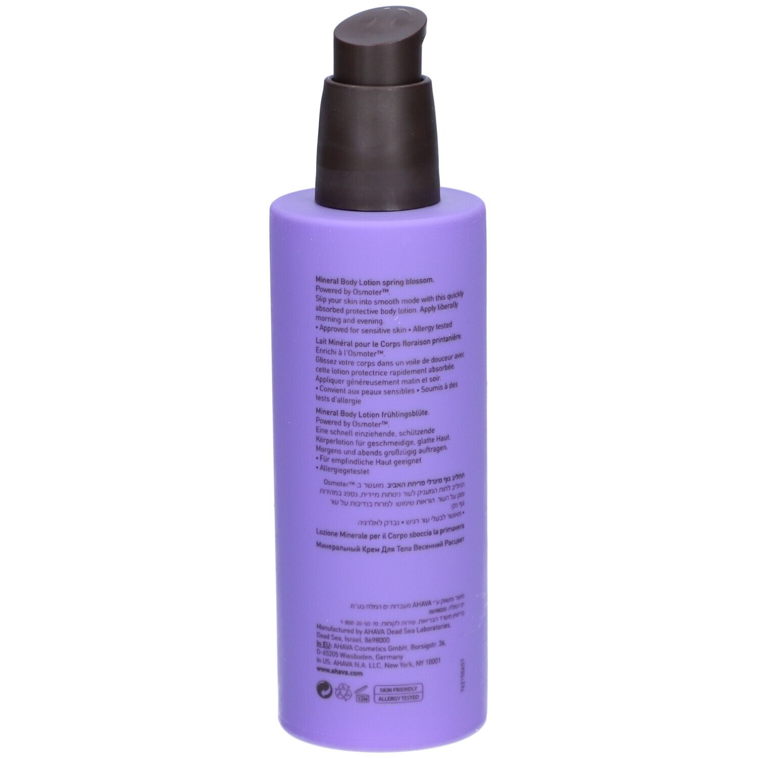 AHAVA Mineral Body Lotion. Lila Flasche mit Pumpverschluss. Text auf der Rückseite. Produktinformationen in verschiedenen Sprachen.
