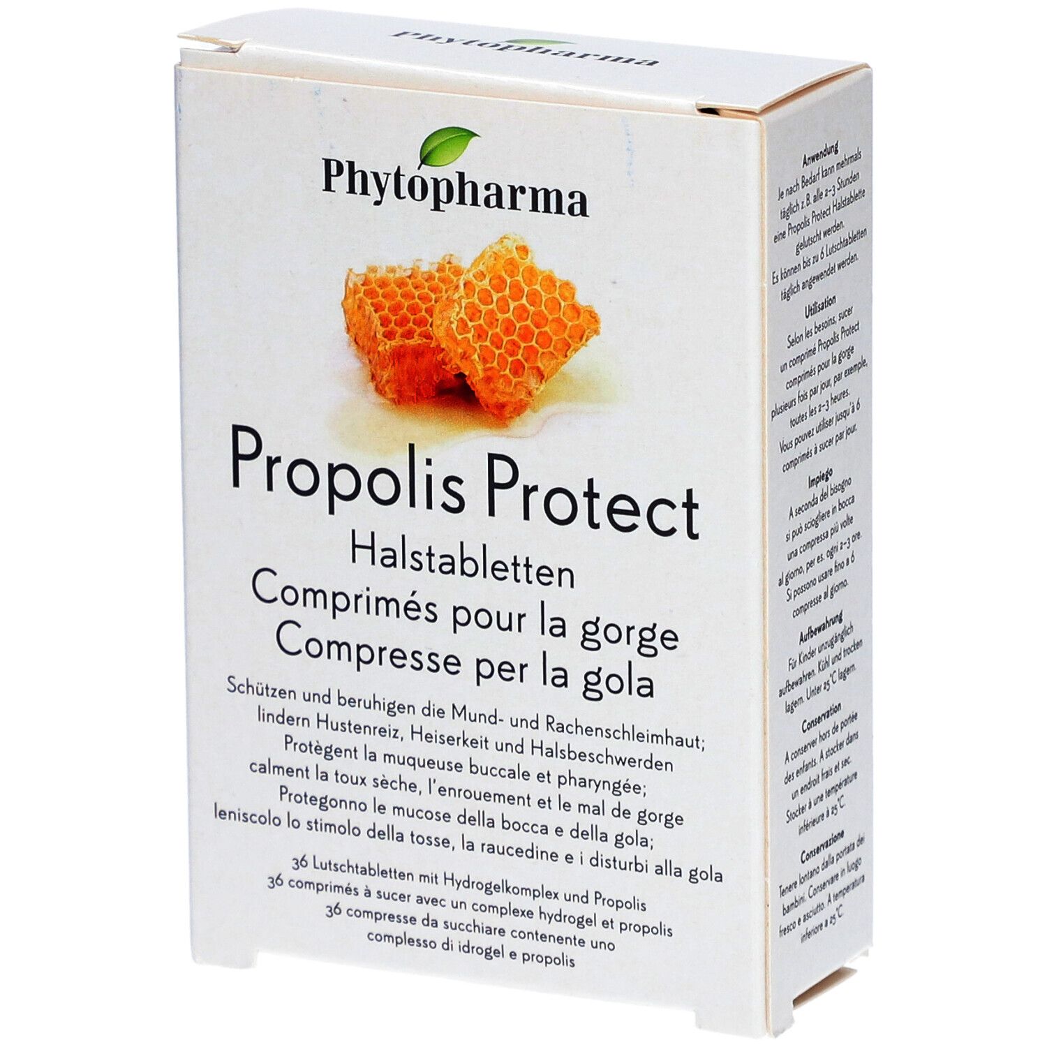 Karton mit Phytopharma Propolis Protect Halstabletten. Honigwaben-Illustration. Text in Deutsch, Französisch, Italienisch.