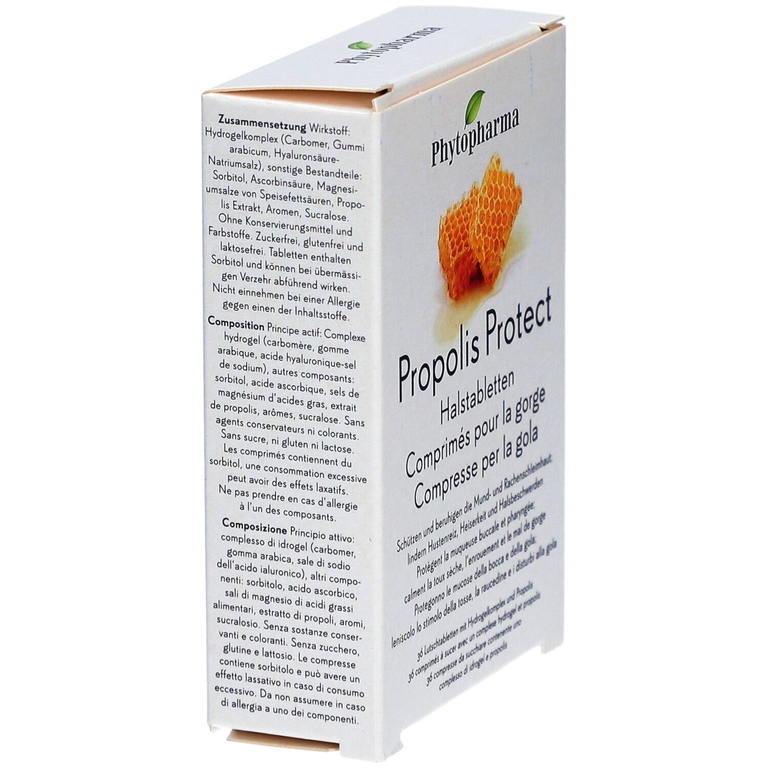 Karton mit Phytopharma Propolis Protect Halstabletten. Zutatenliste und Text in Deutsch, Französisch, Italienisch.