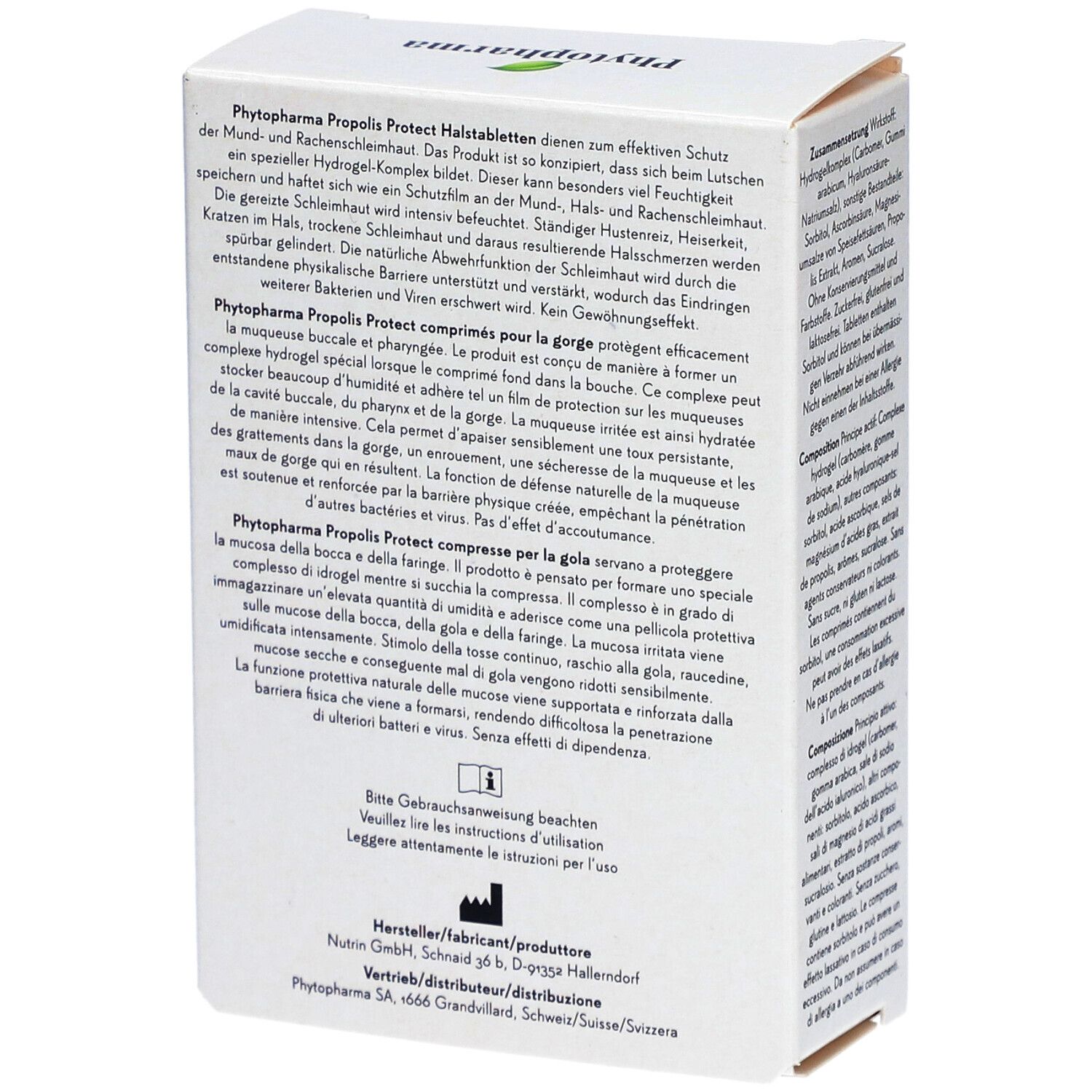 Rückseite der Verpackung von Phytopharma Propolis Protect Halstabletten. Text in Deutsch, Französisch, Italienisch.