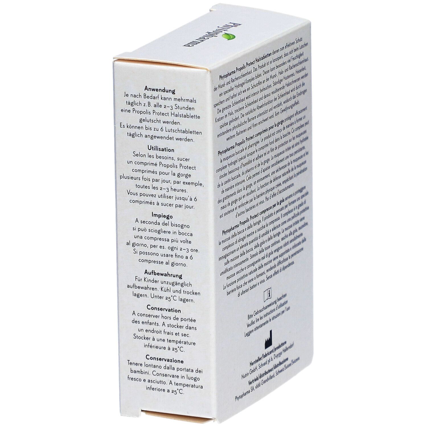 Verpackung von Phytopharma Propolis Protect Halstabletten. Gebrauchsanweisung und Lagerungshinweise. Text in Deutsch.