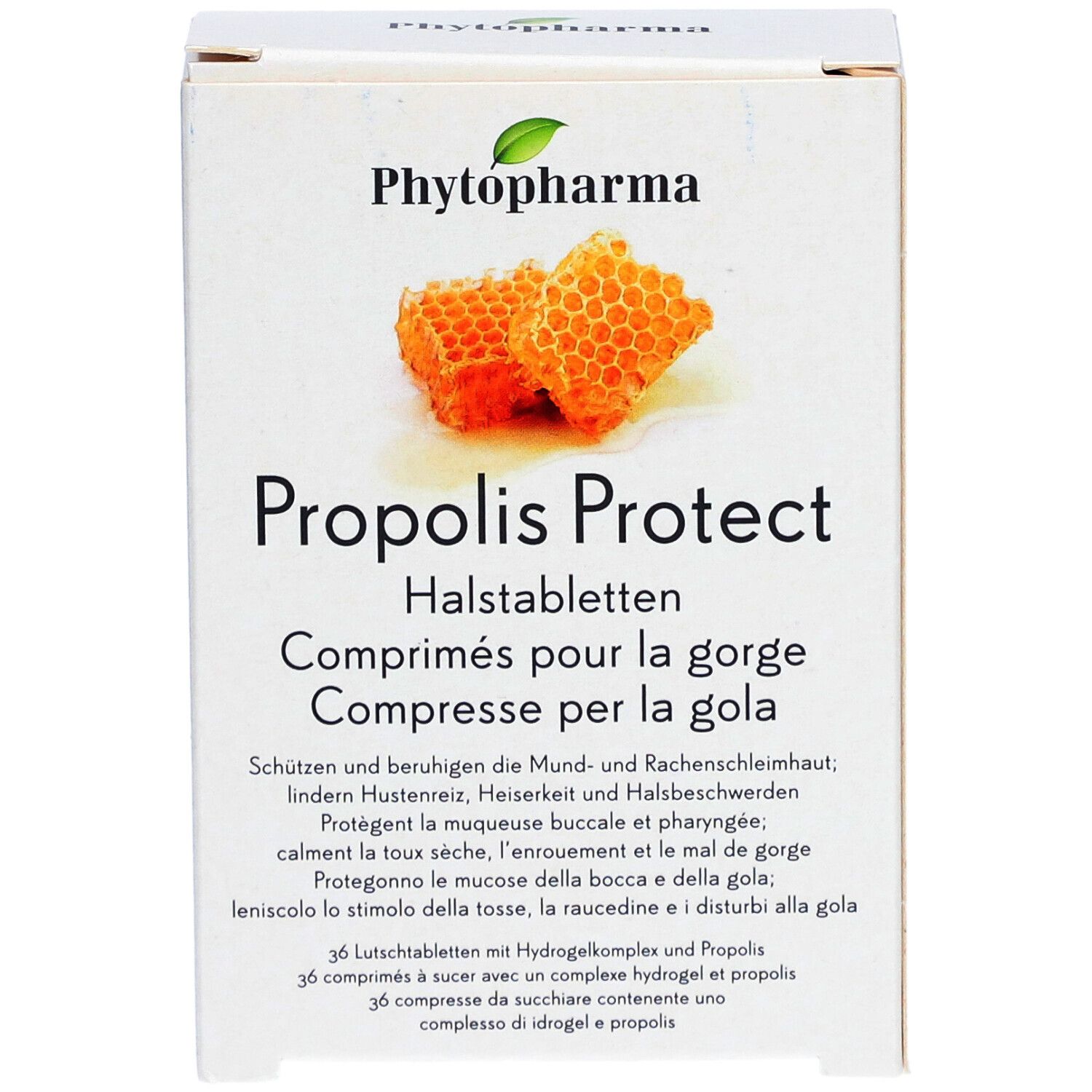 Karton mit Phytopharma Propolis Protect Halstabletten. Honigwaben-Illustration. Text in Deutsch, Französisch, Italienisch.