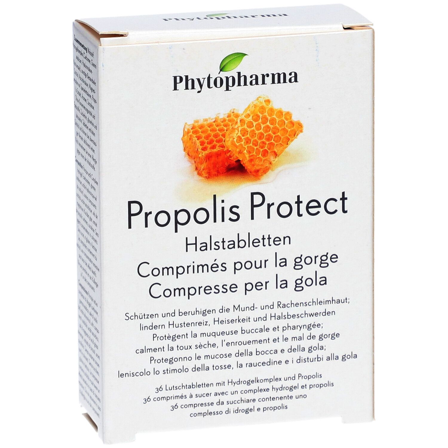 Karton mit Phytopharma Propolis Protect Halstabletten. Honigwaben-Illustration. Text in Deutsch, Französisch, Italienisch.