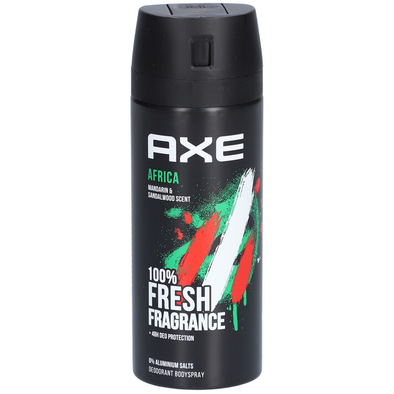 Schwarze Deospray-Dose mit AXE-Logo und Afrika-Aufdruck. Enthält Mandarin & Sandelholzduft. 100% Fresh Fragrance.