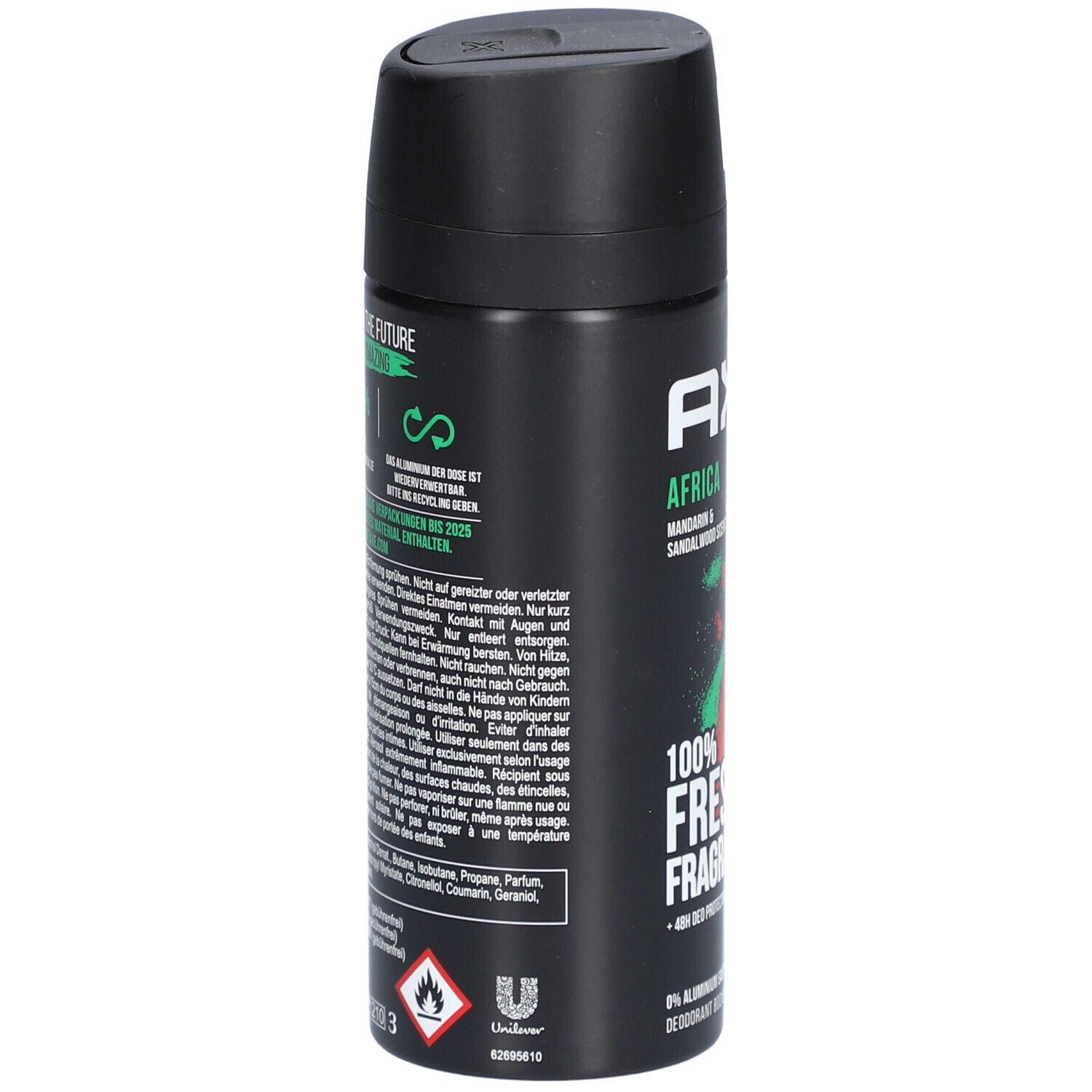 Schwarze Deospray-Dose mit Text. Enthält Informationen zu Inhaltsstoffen, Warnhinweisen und Hersteller. Mit Flammen-Symbol.