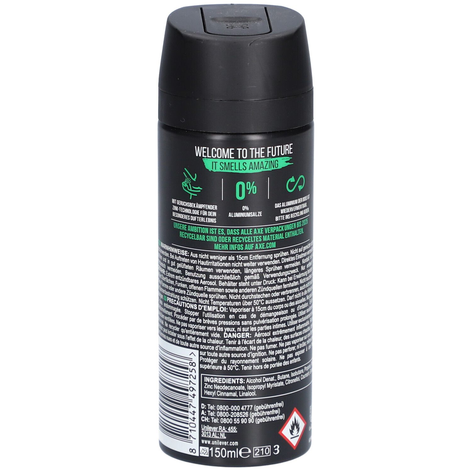 Schwarze Deospray-Dose mit Text. Enthält Informationen zu Inhaltsstoffen, Warnhinweisen und Hersteller. 150ml, 210g.