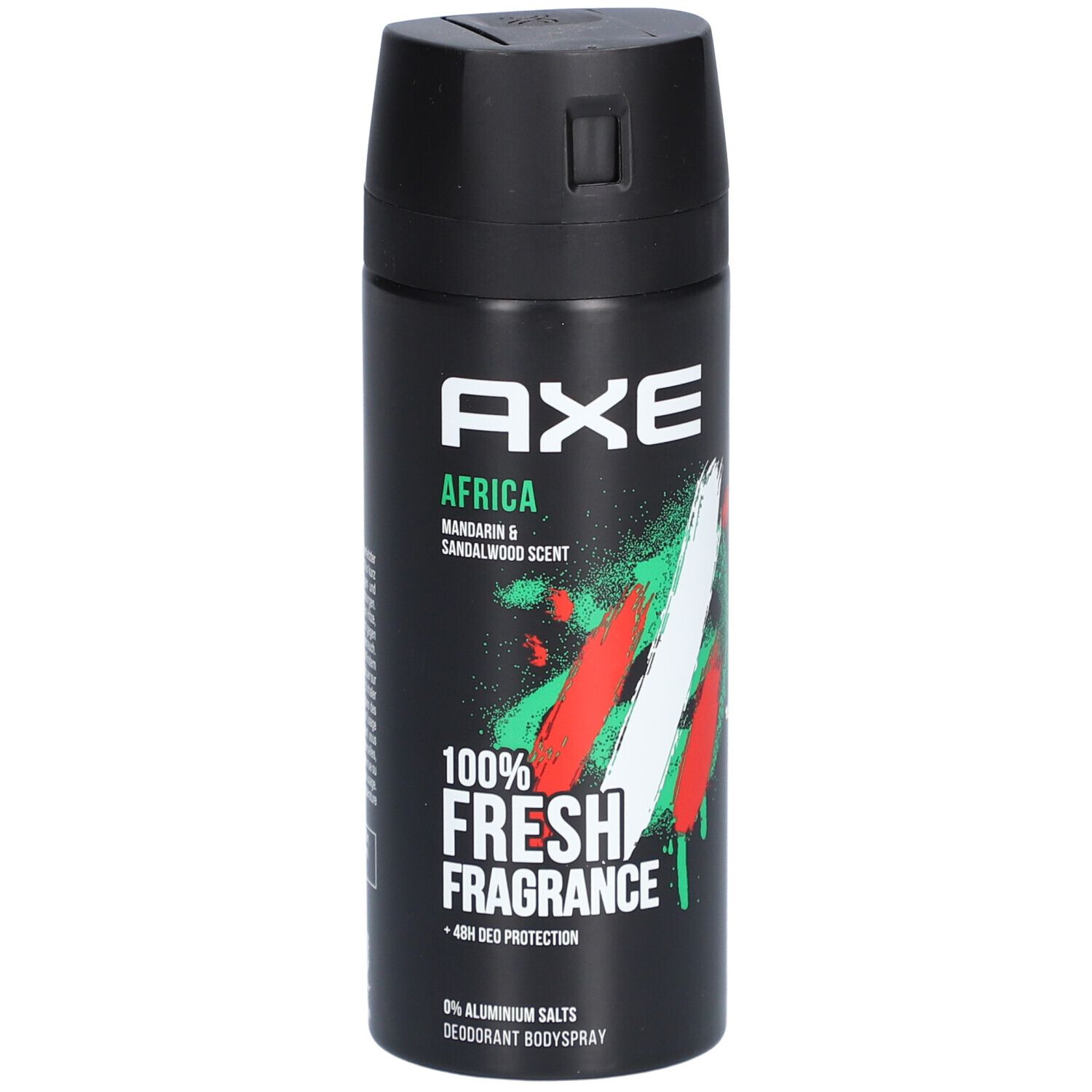 Schwarze Deospray-Dose mit AXE-Logo und Afrika-Aufdruck. Enthält Mandarin & Sandelholzduft. 100% Fresh Fragrance.