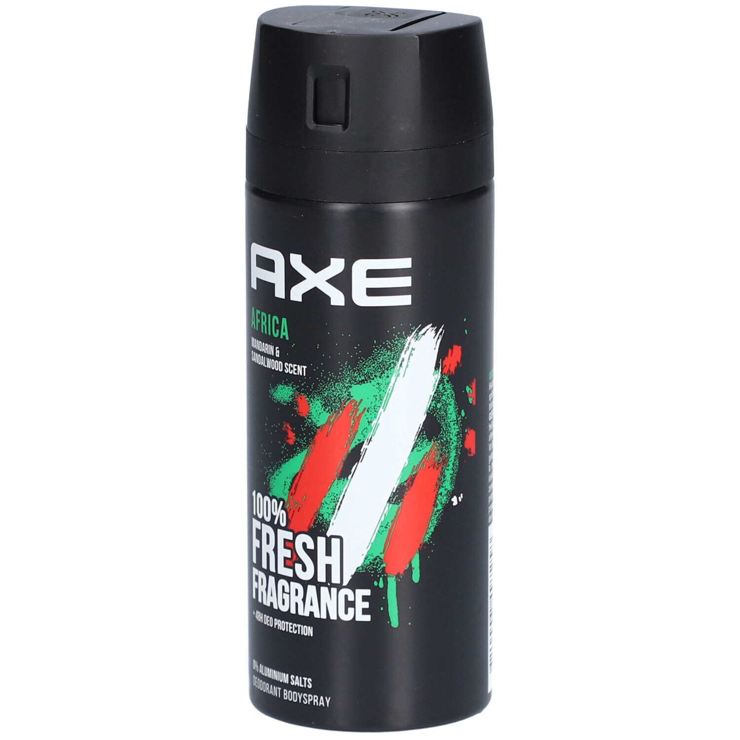 Schwarze Deospray-Dose mit AXE-Logo und Afrika-Aufdruck. Enthält Mandarin & Sandelholzduft. 100% Fresh Fragrance.