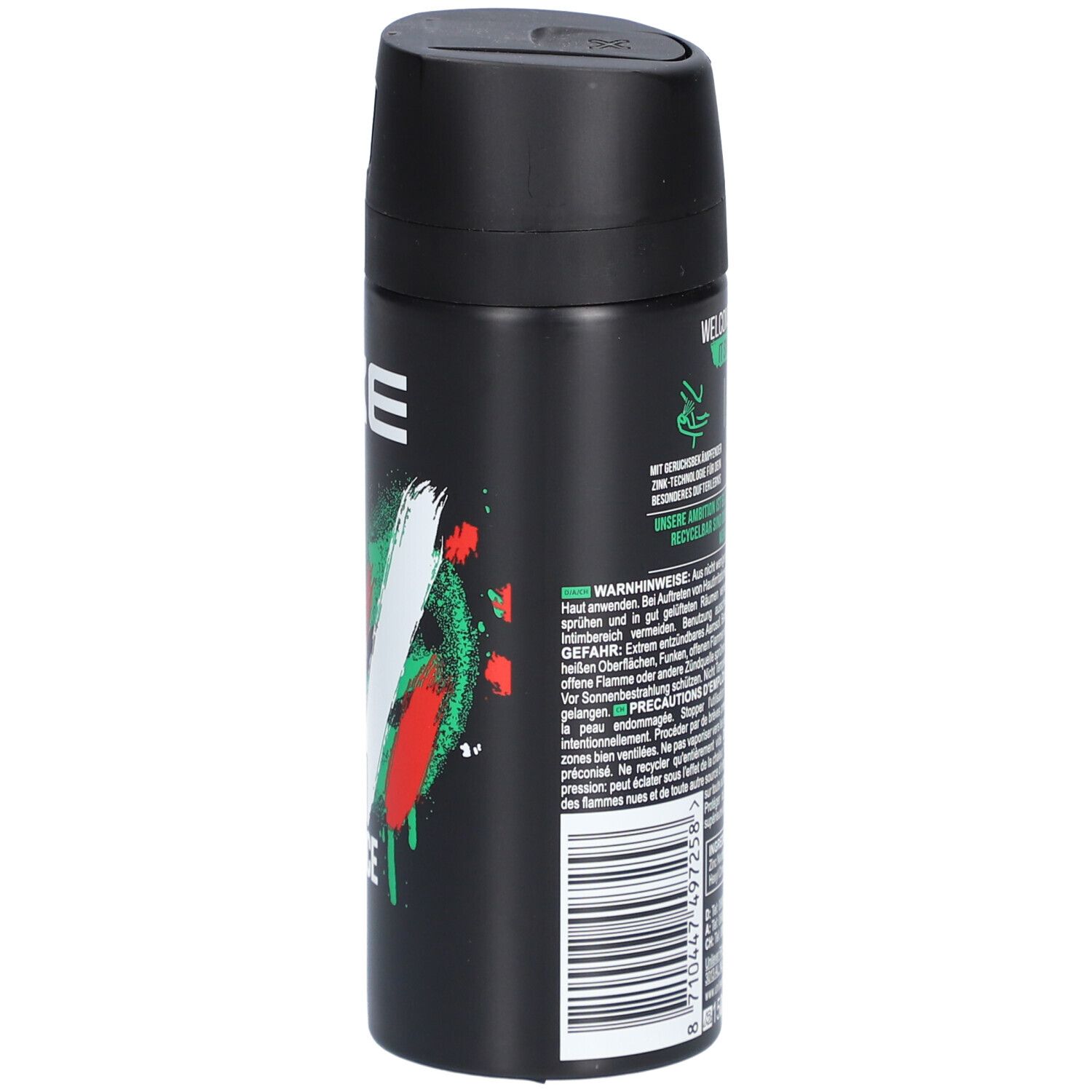 Schwarze Deospray-Dose mit AXE-Logo und Afrika-Aufdruck. Enthält Informationen und Warnhinweise. Mit Flammen-Symbol.