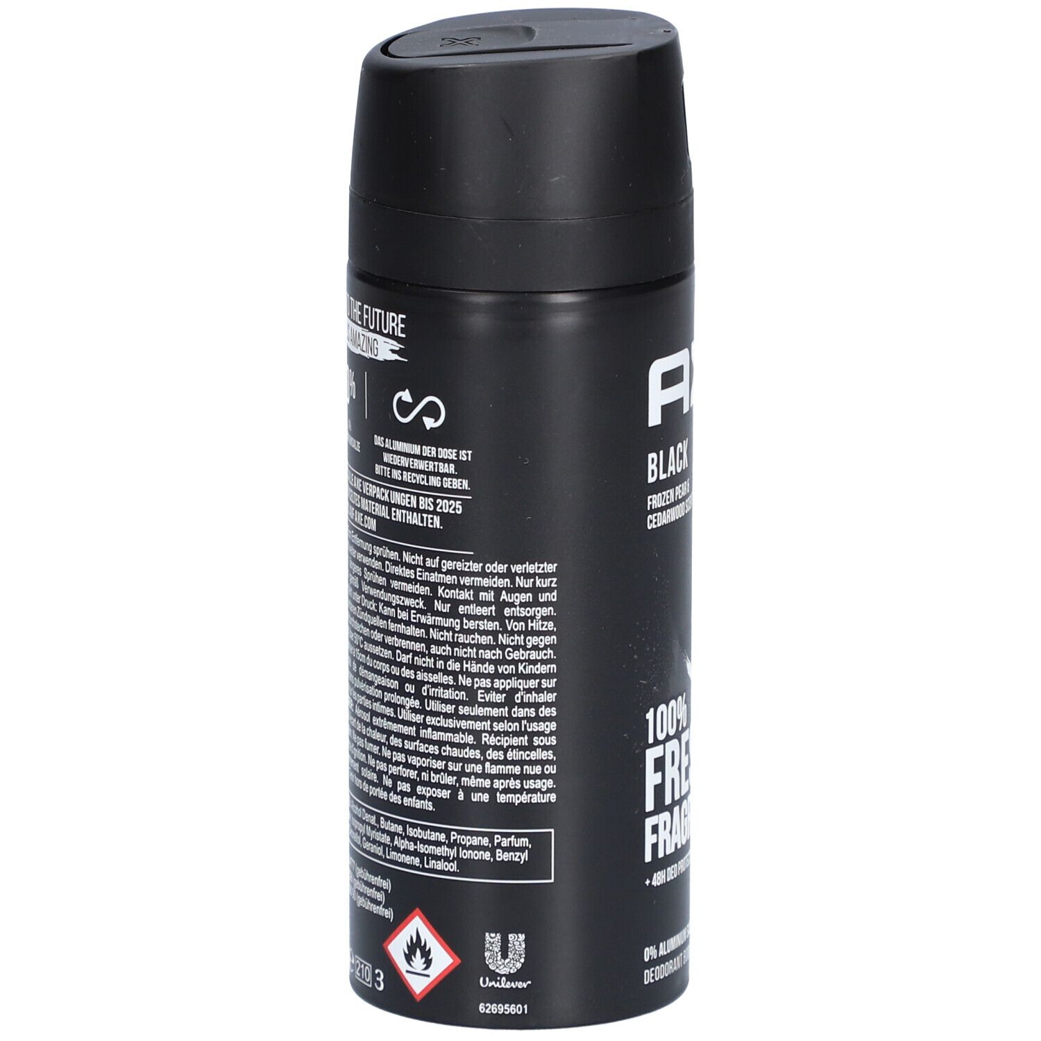 Schwarzes Deodorant-Bodyspray. Rückseite mit Text und Logos. Mit Sprühkopf.