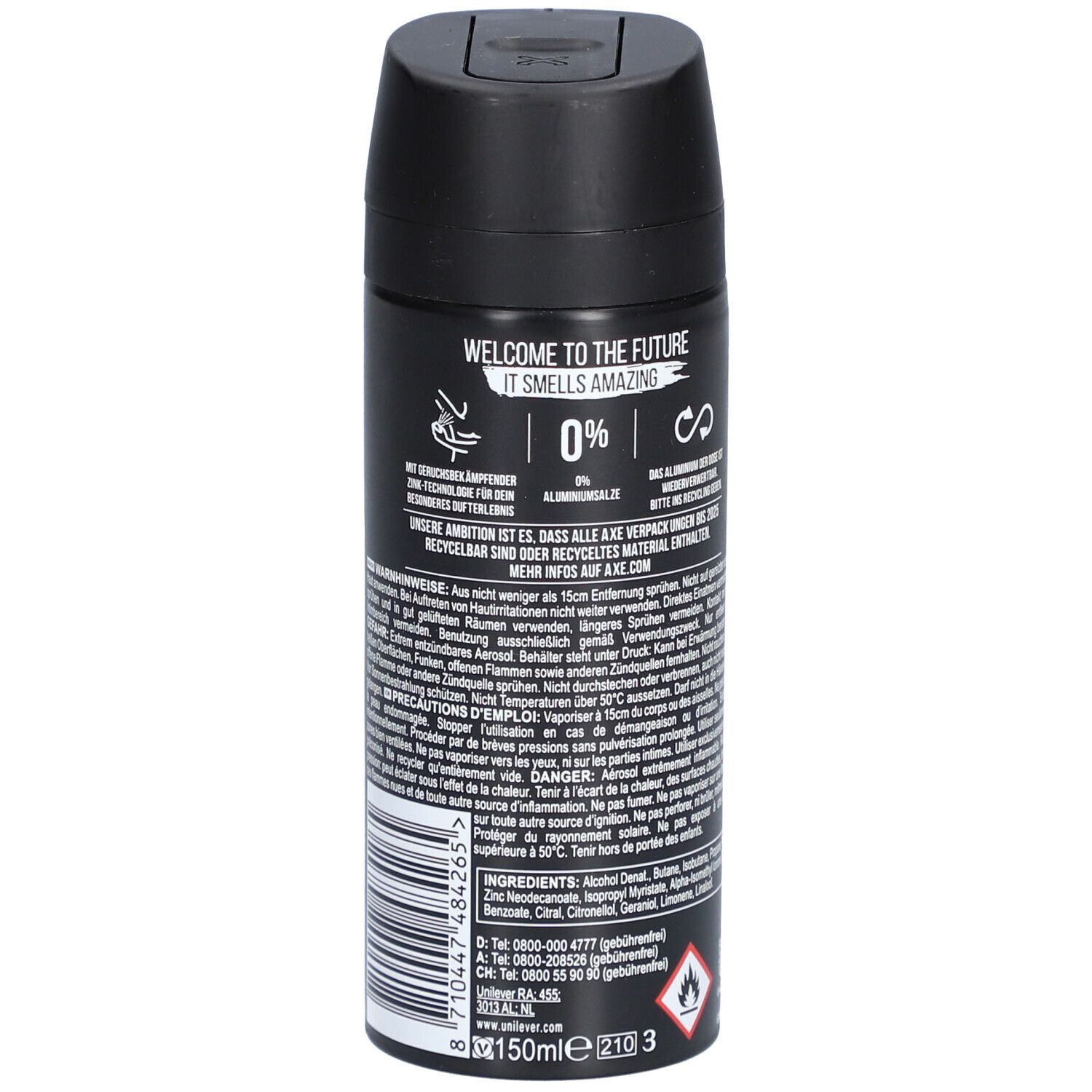 Schwarzes Deodorant-Bodyspray. Rückseite mit Text, Logos und Inhaltsstoffen. Mit Sprühkopf.