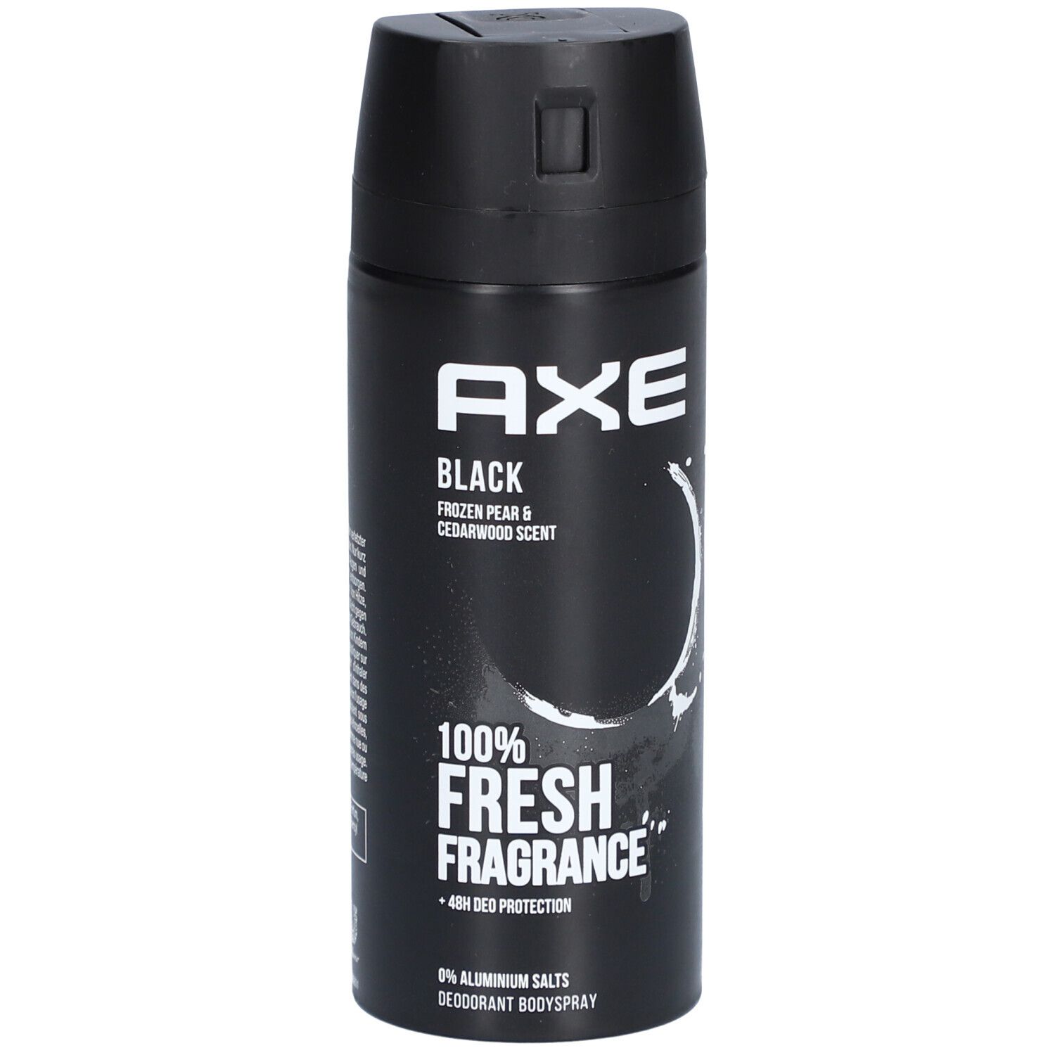 Schwarzes Deodorant-Bodyspray. Aufschrift AXE BLACK, 100% FRESH FRAGRANCE, 0% Aluminiumsalze. Mit Sprühkopf.