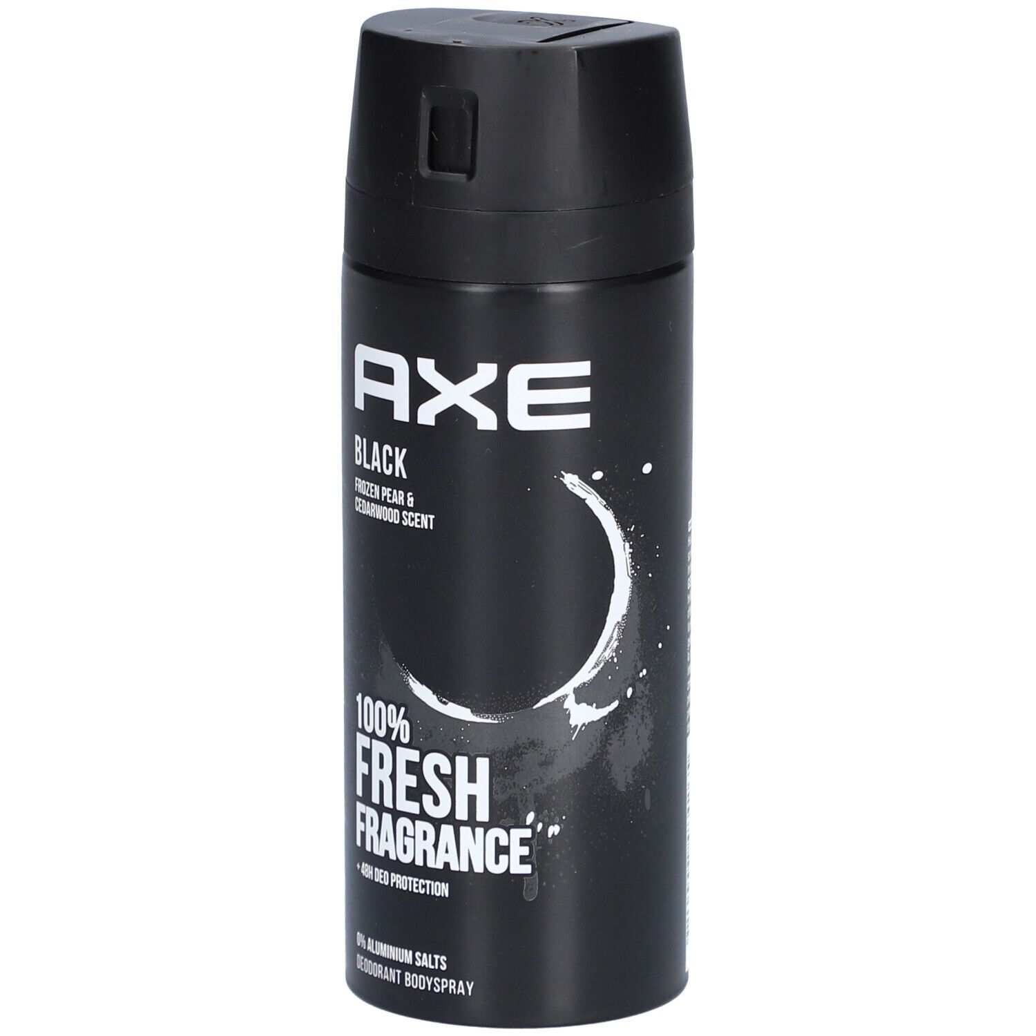 Schwarzes Deodorant-Bodyspray. Aufschrift AXE BLACK, 100% FRESH FRAGRANCE, 0% Aluminiumsalze. Mit Sprühkopf.