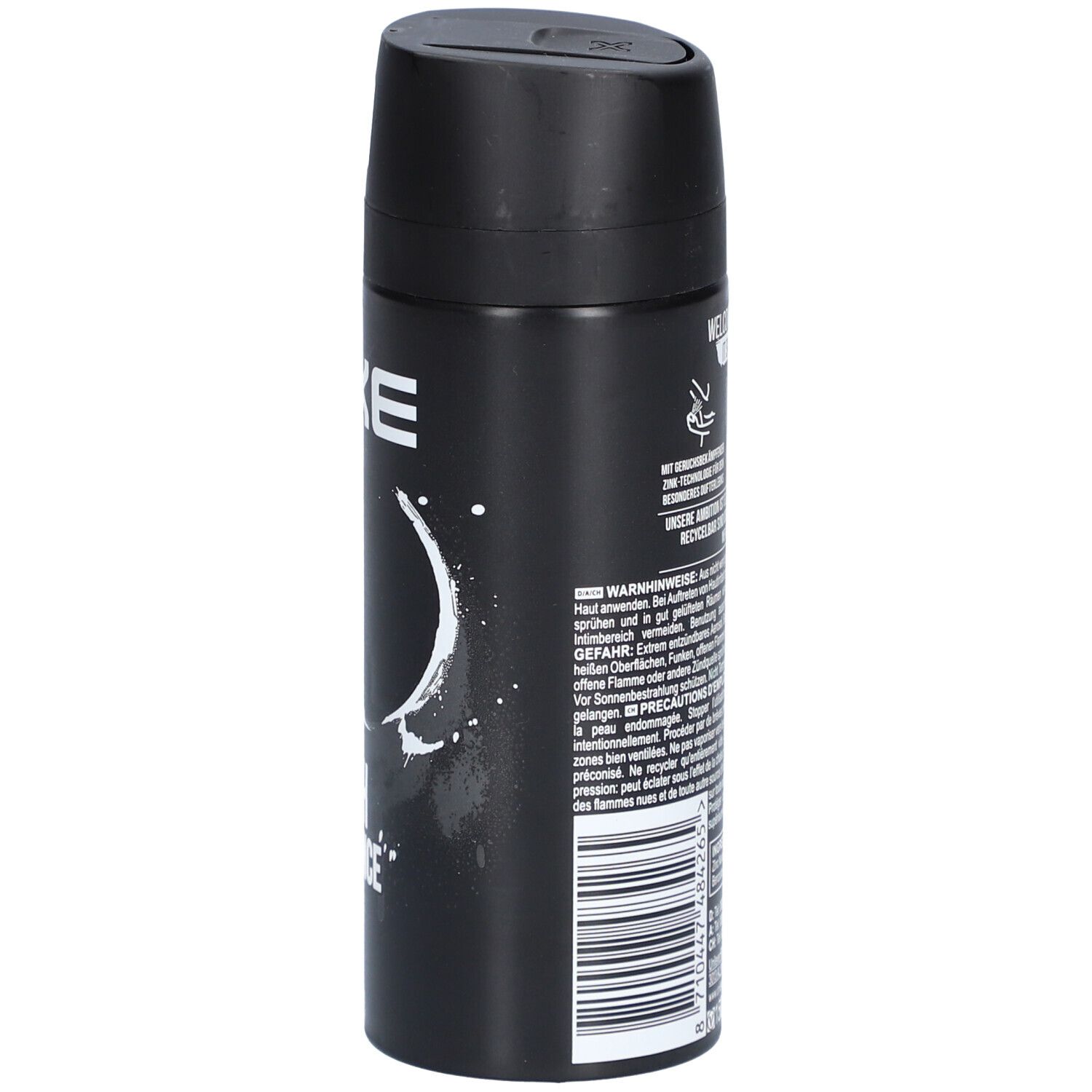 Schwarzes Deodorant-Bodyspray. Rückseite mit Text. Mit Sprühkopf.