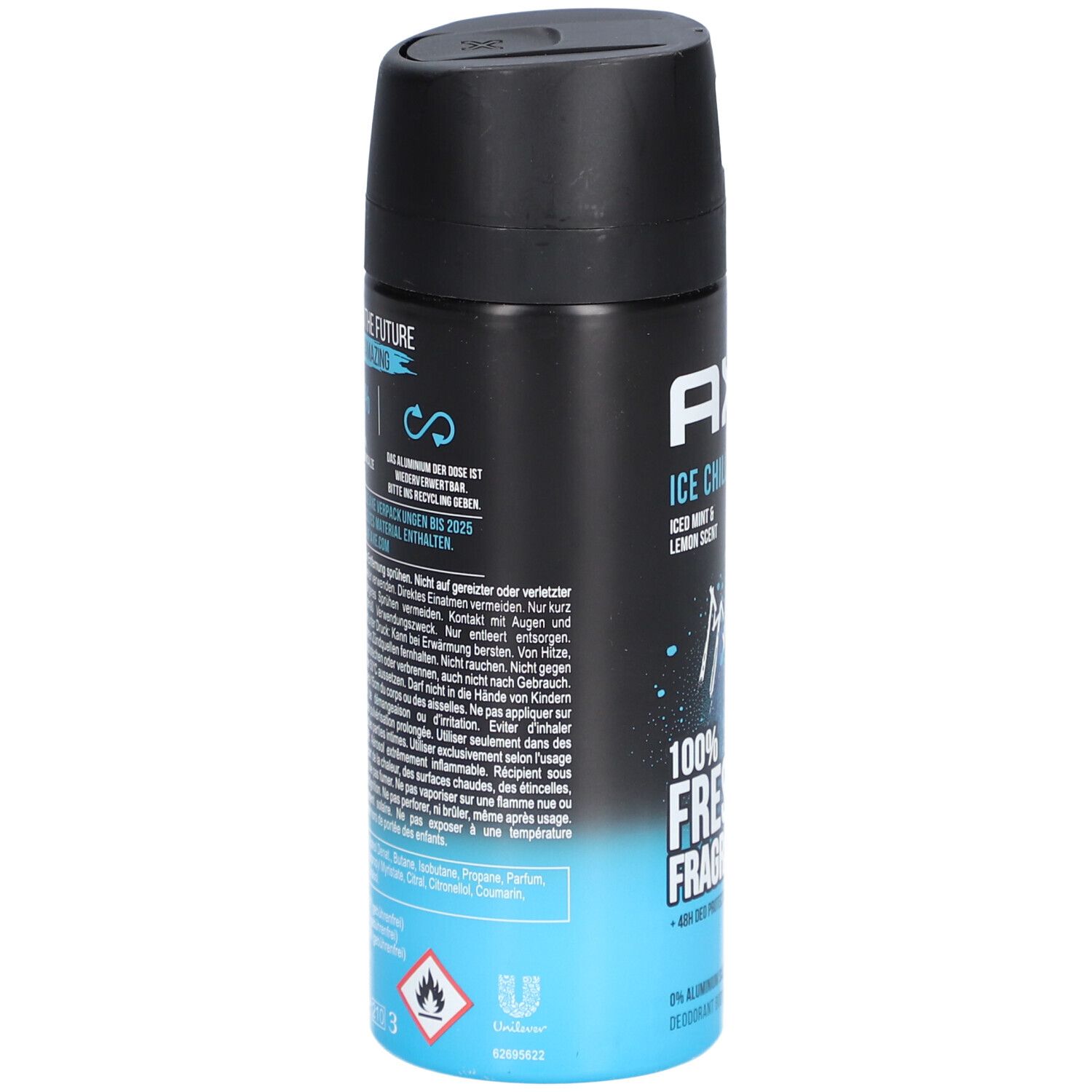 AXE Ice Chill Deodorant-Spray. Rückseite mit Text und Piktogrammen. Schwarze Kappe, blauer und schwarzer Behälter. Unilever-Logo.