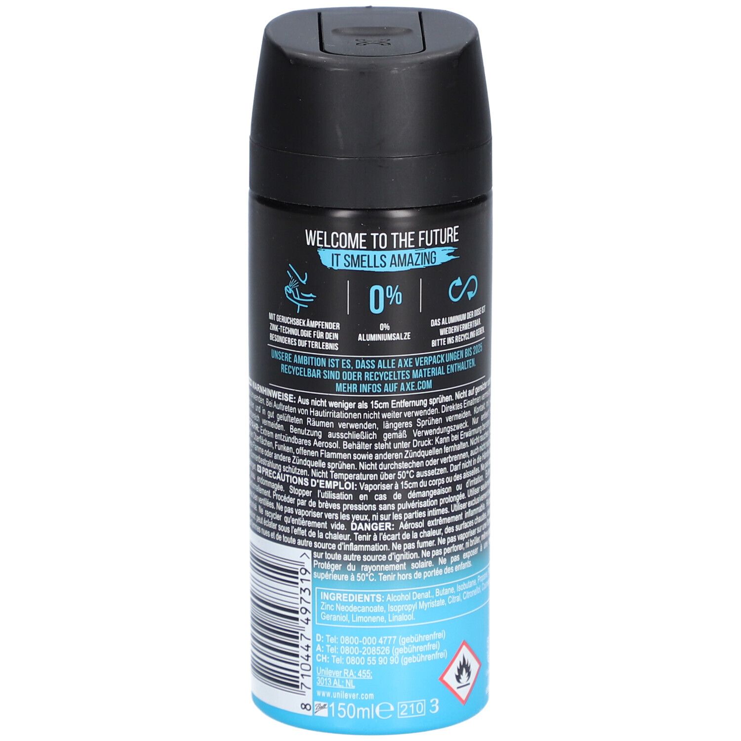 AXE Ice Chill Deodorant-Spray. Rückseite mit Text und Piktogrammen. Schwarze Kappe, blauer und schwarzer Behälter. 150ml.