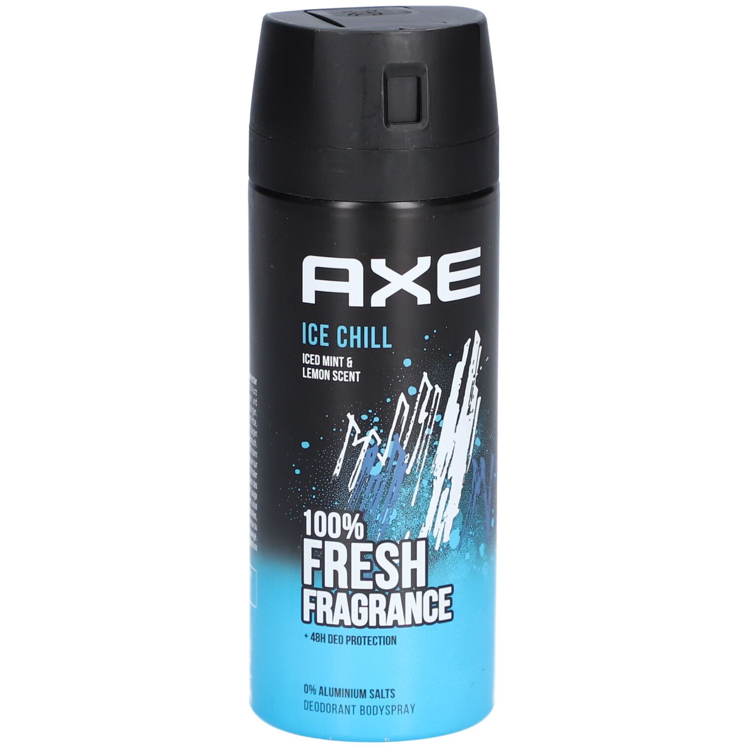 AXE Ice Chill Deodorant-Spray. Schwarze Kappe, blauer und schwarzer Behälter. Schriftzug: Ice Chill, 100% Fresh Fragrance.