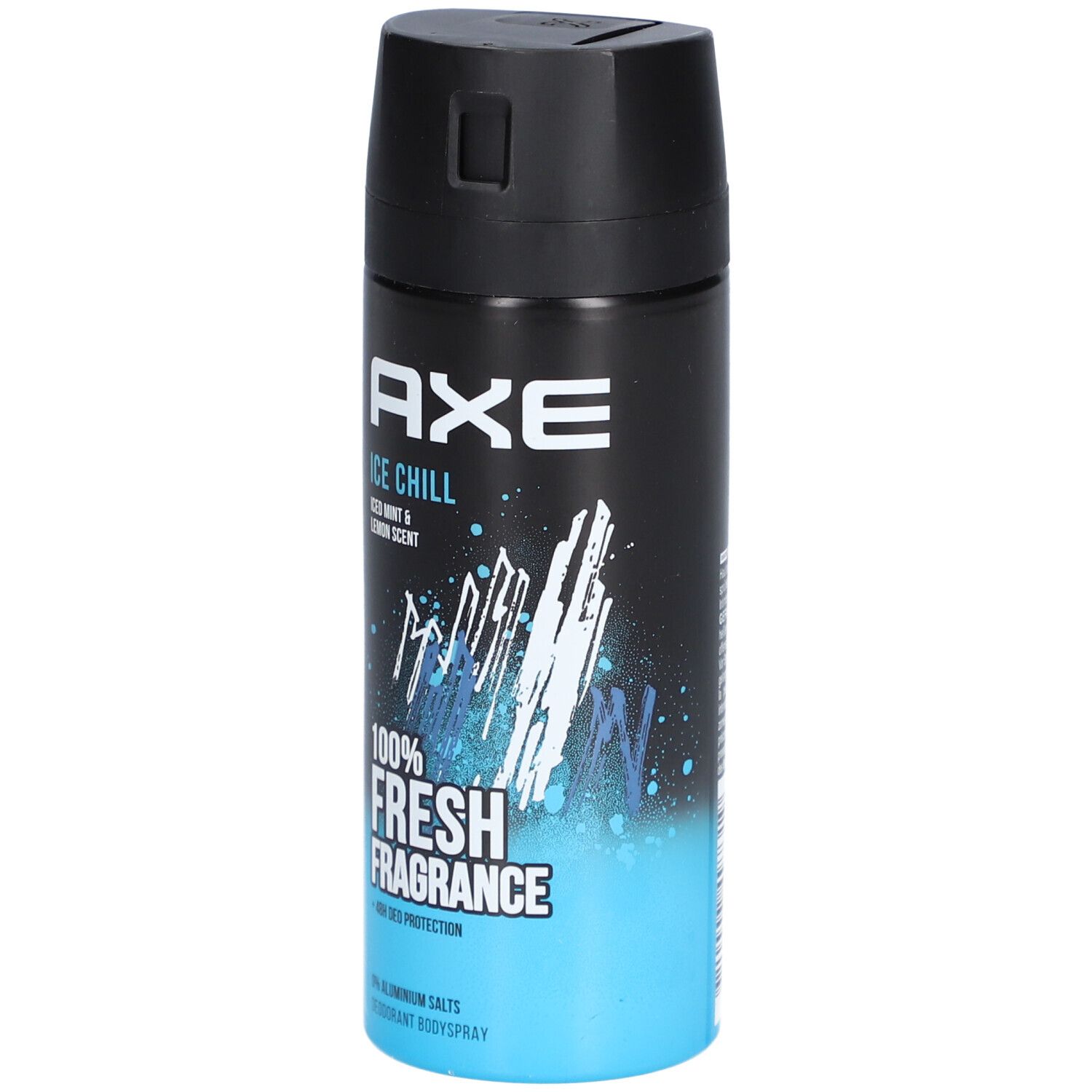 AXE Ice Chill Deodorant-Spray. Schwarze Kappe, blauer und schwarzer Behälter. Schriftzug: Ice Chill, 100% Fresh Fragrance.