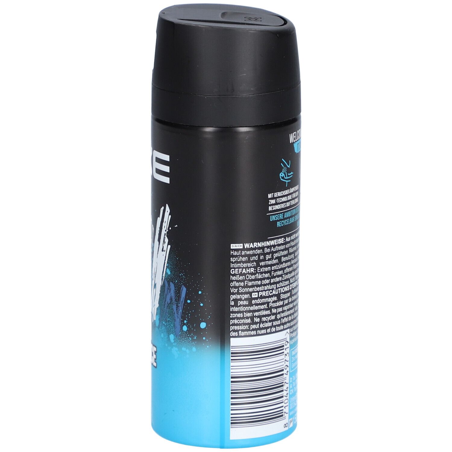 AXE Ice Chill Deodorant-Spray. Rückseite mit Text und Piktogrammen. Schwarze Kappe, blauer und schwarzer Behälter.