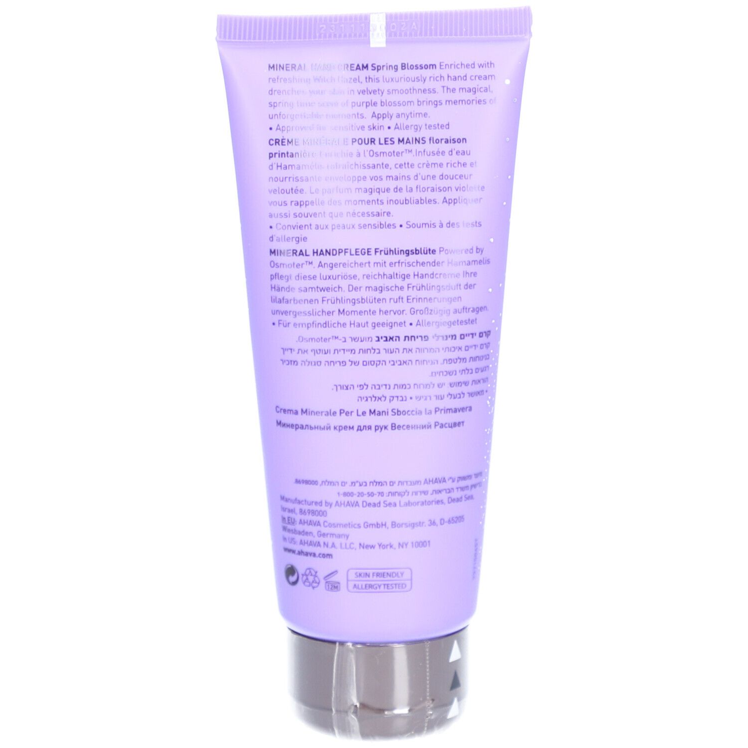 Rückseite der lila Tube. Text in mehreren Sprachen. Produktinformationen und Inhaltsstoffe.