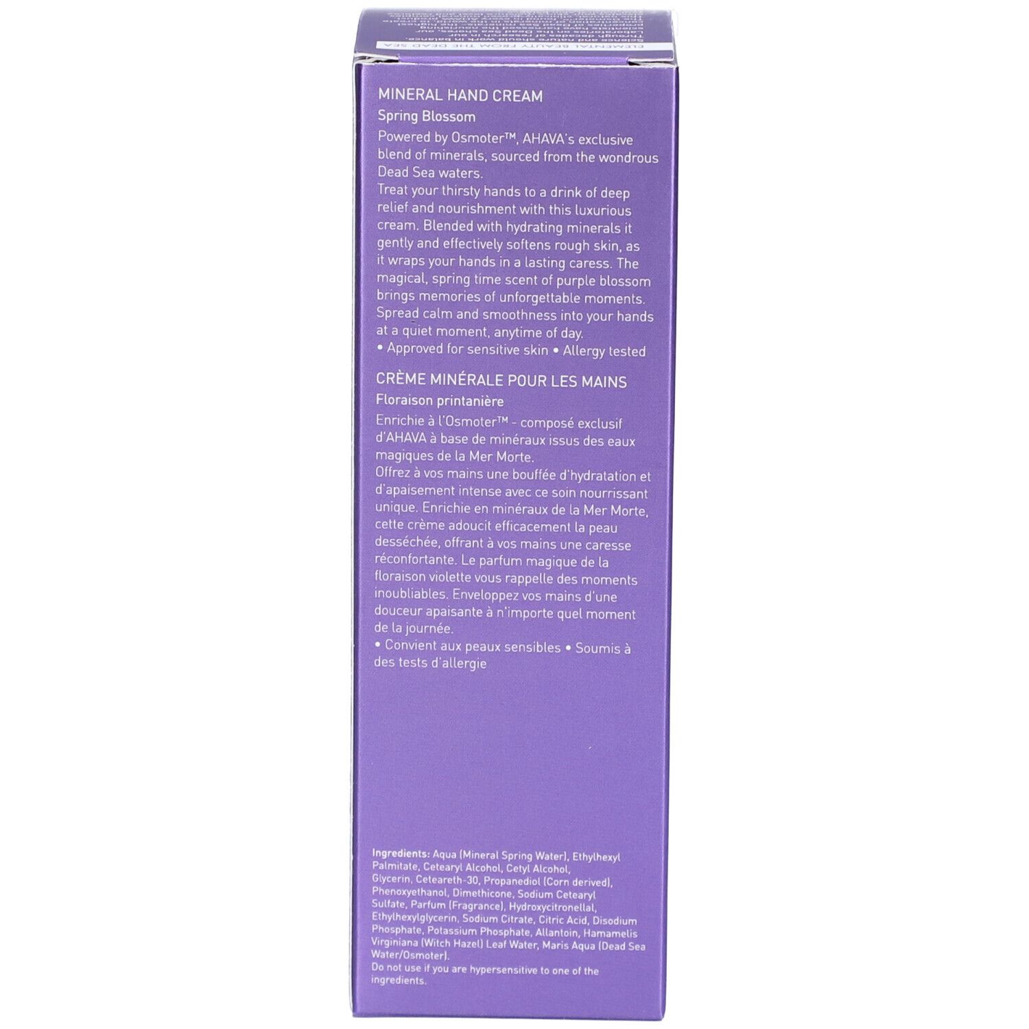 Seite der Produktverpackung. Text in englischer und französischer Sprache. Produktbeschreibung und Inhaltsstoffe.