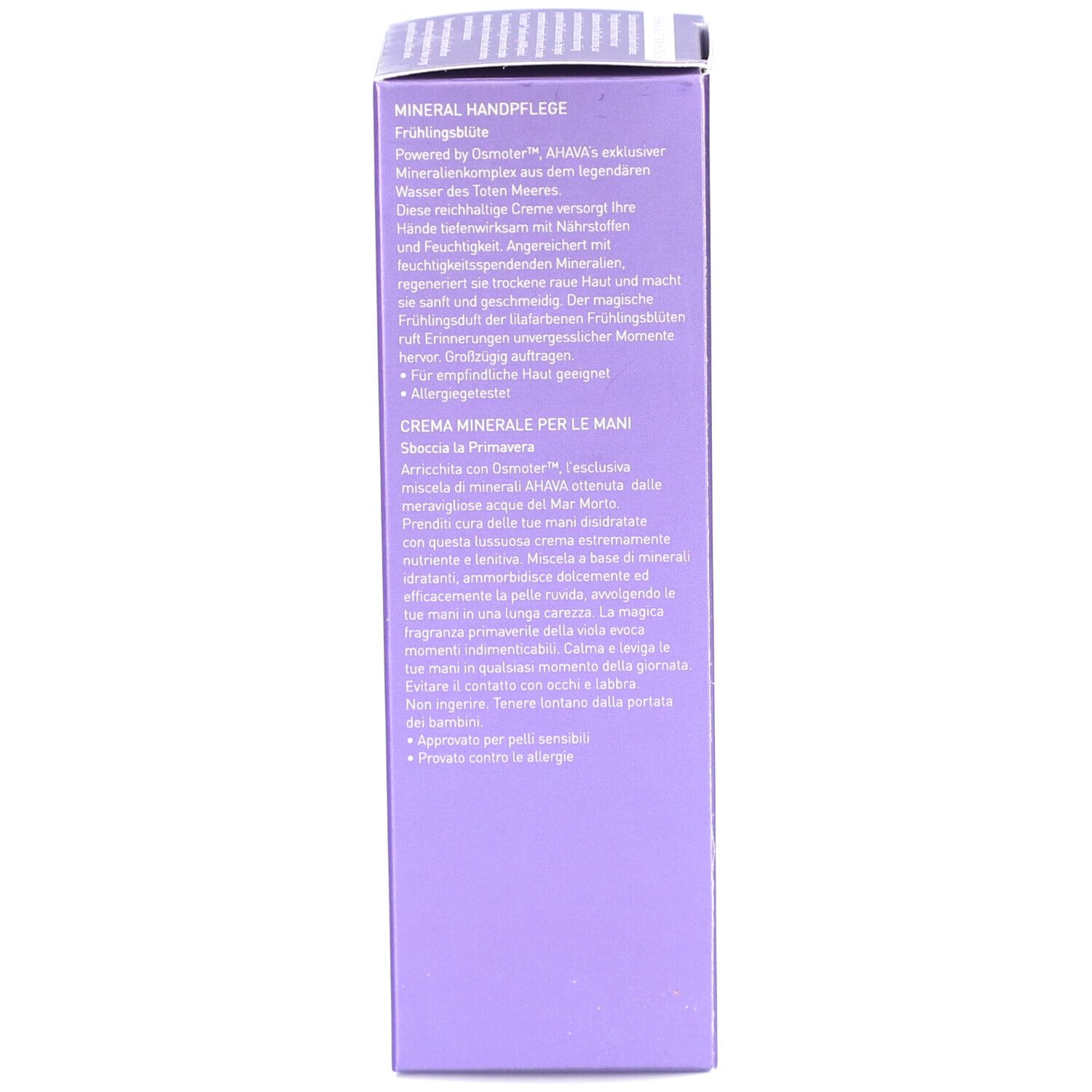 Seite der Produktverpackung. Text in deutscher, italienischer und hebräischer Sprache. Produktinformationen.