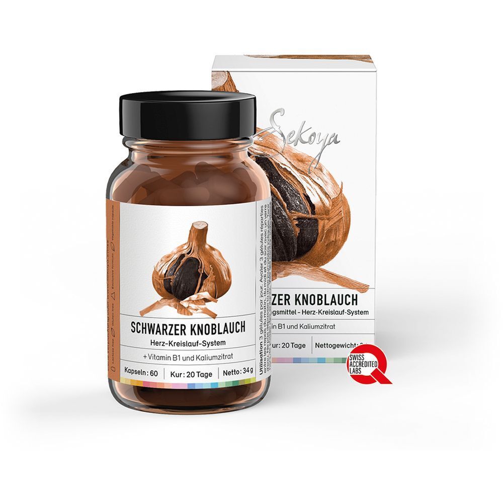 Braune Kapseln in einer Glasflasche mit schwarzem Deckel. Daneben eine Verpackung mit Produktabbildung und Text. Swiss Quality Siegel.