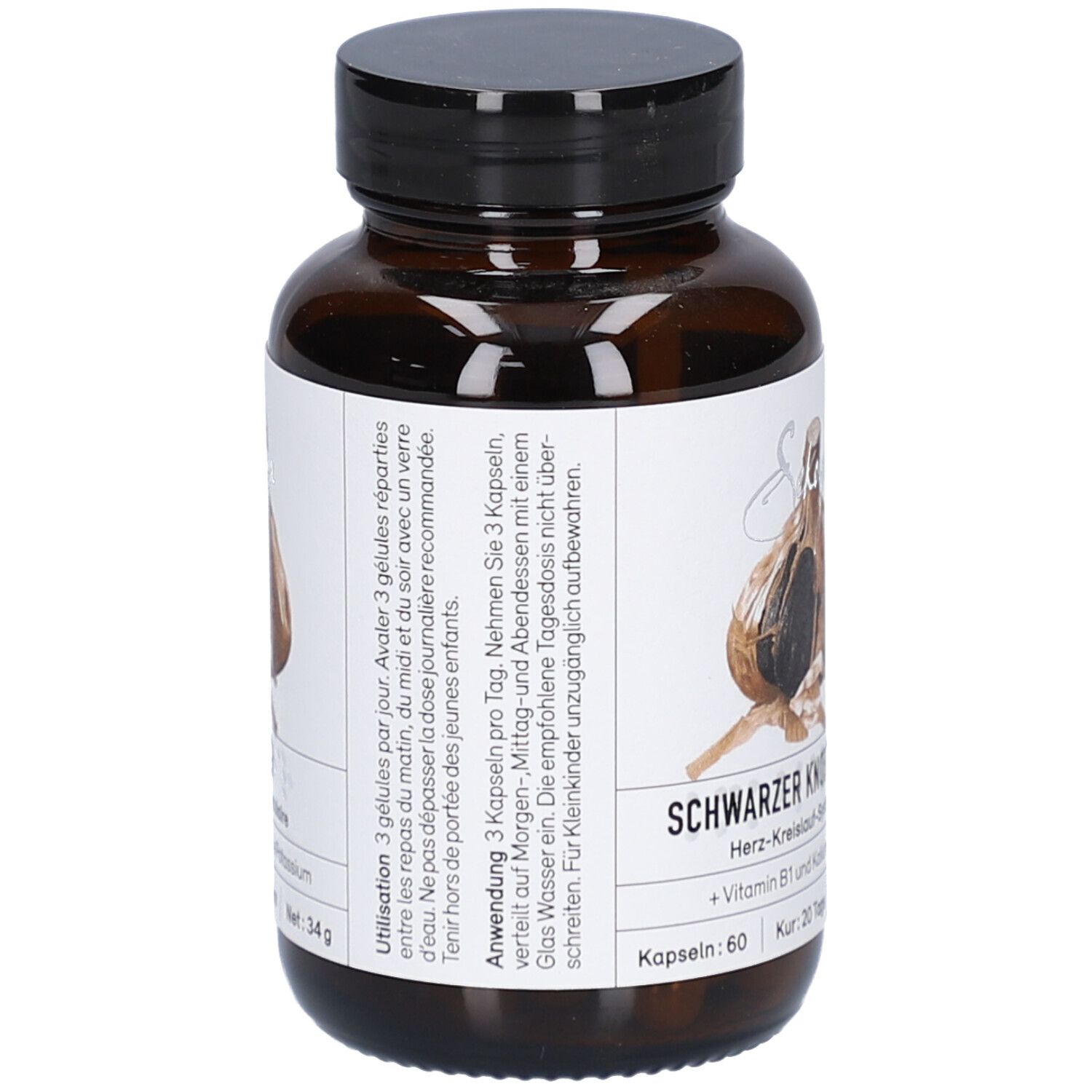 Braune Glasflasche mit schwarzem Deckel. Etikett mit Text. Schwarzer Knoblauch, 60 Kapseln. Gebrauchsanweisung.