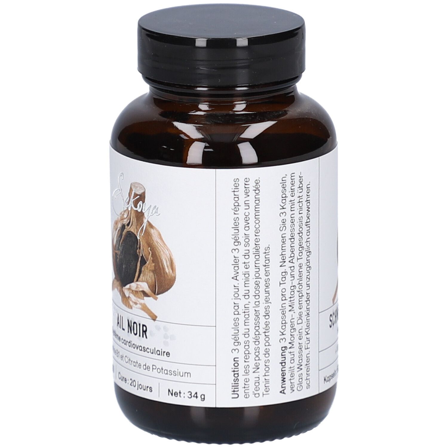 Braune Glasflasche mit schwarzem Deckel. Etikett mit Text und Abbildung von Knoblauch. Ail Noir, 60 Kapseln.