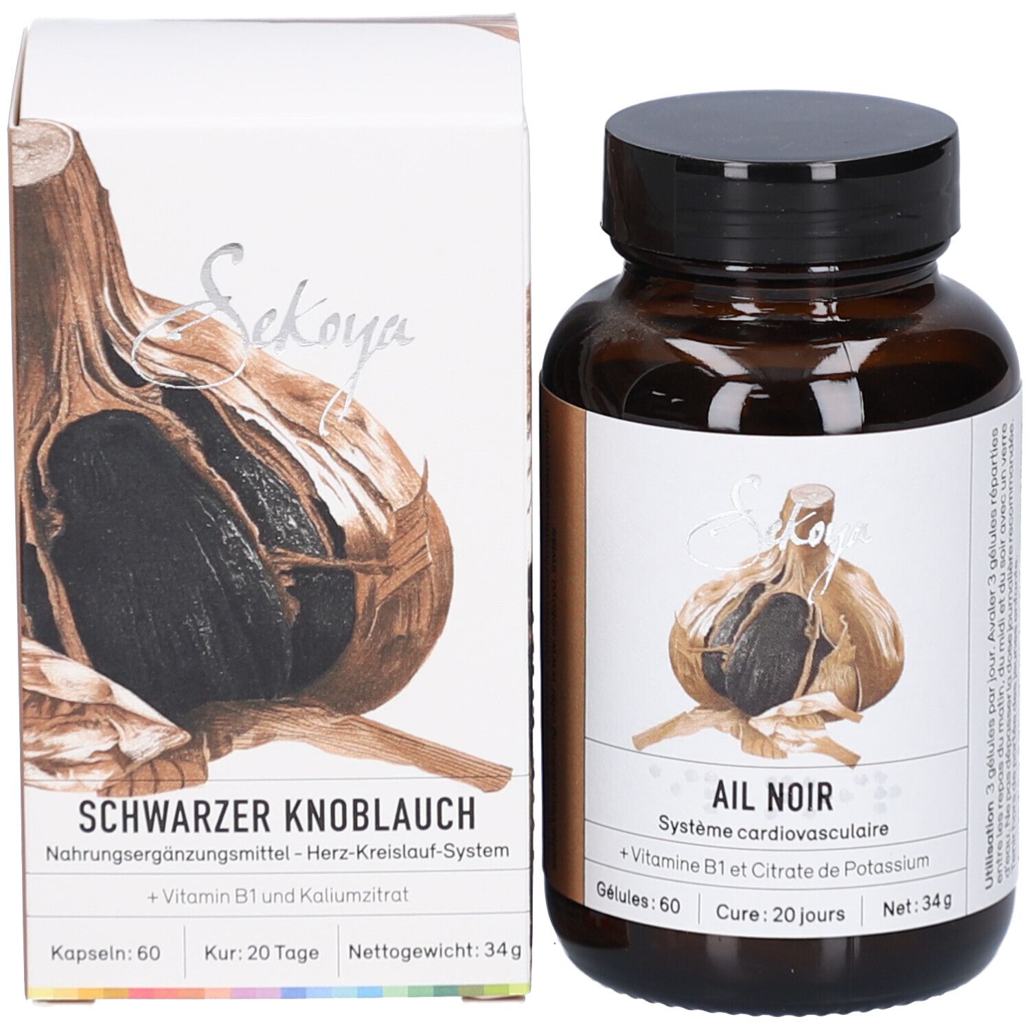 Braune Glasflasche und Schachtel. Schachtel mit Text und Abbildung von Knoblauch. Schwarzer Knoblauch, 60 Kapseln.