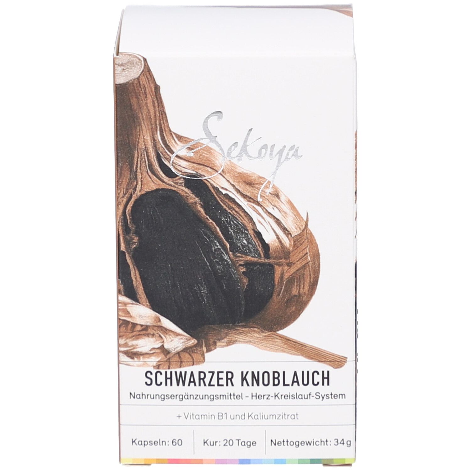 Weiße Schachtel mit Text und Abbildung von Knoblauch. Schwarzer Knoblauch, 60 Kapseln. Nettogewicht 34g.