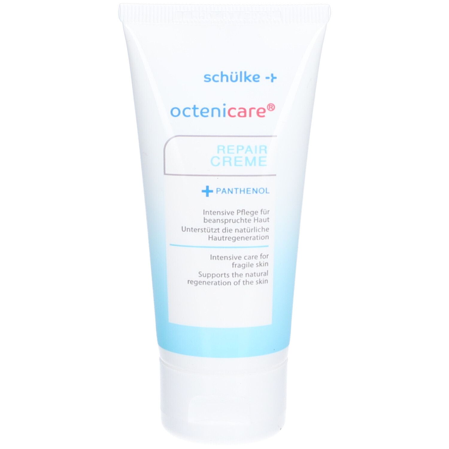 Weiße Tube mit blauer Schrift. octenicare® Repair Creme, Panthenol. Hersteller: schülke +.