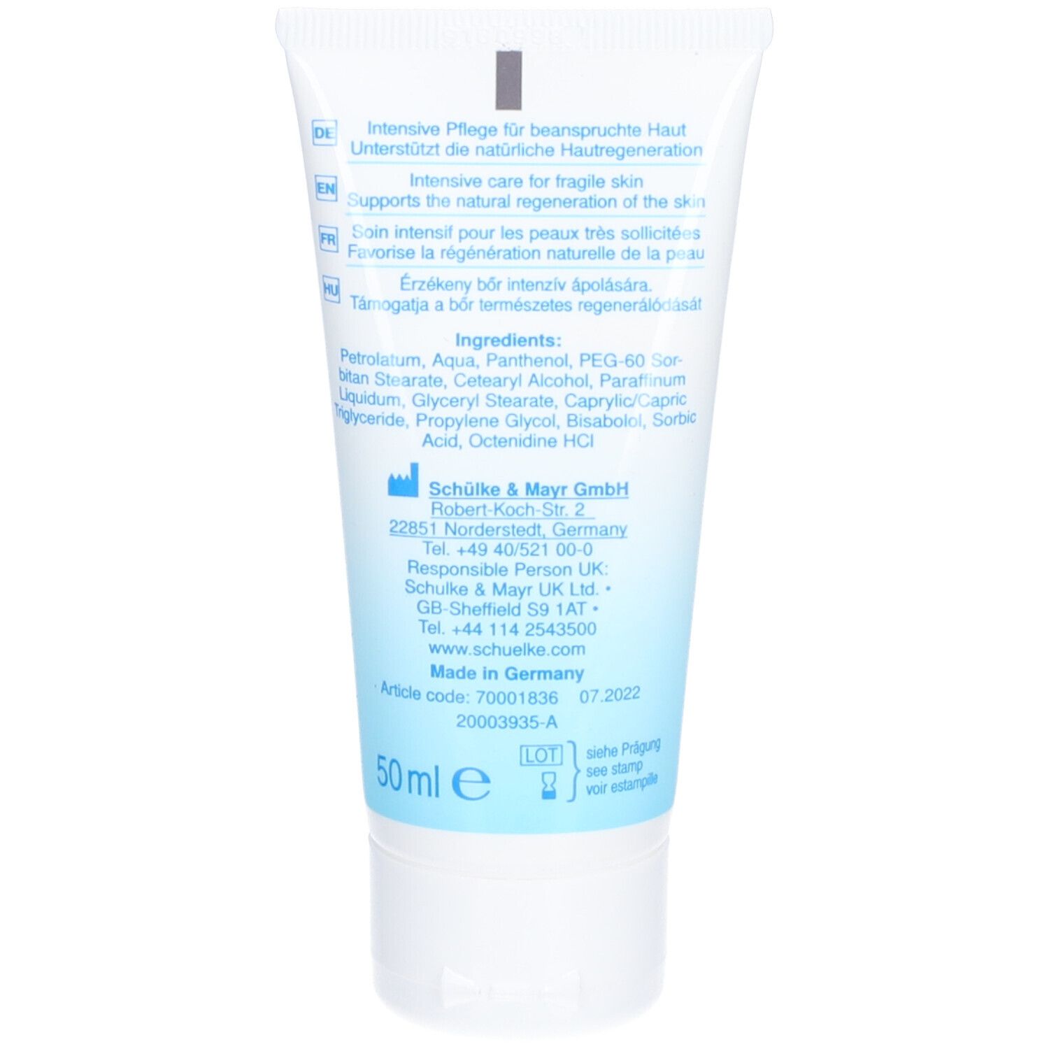 Rückseite der Tube. Inhaltsstoffe, Herstelleradresse, Artikelcode und Chargennummer. 50 ml.
