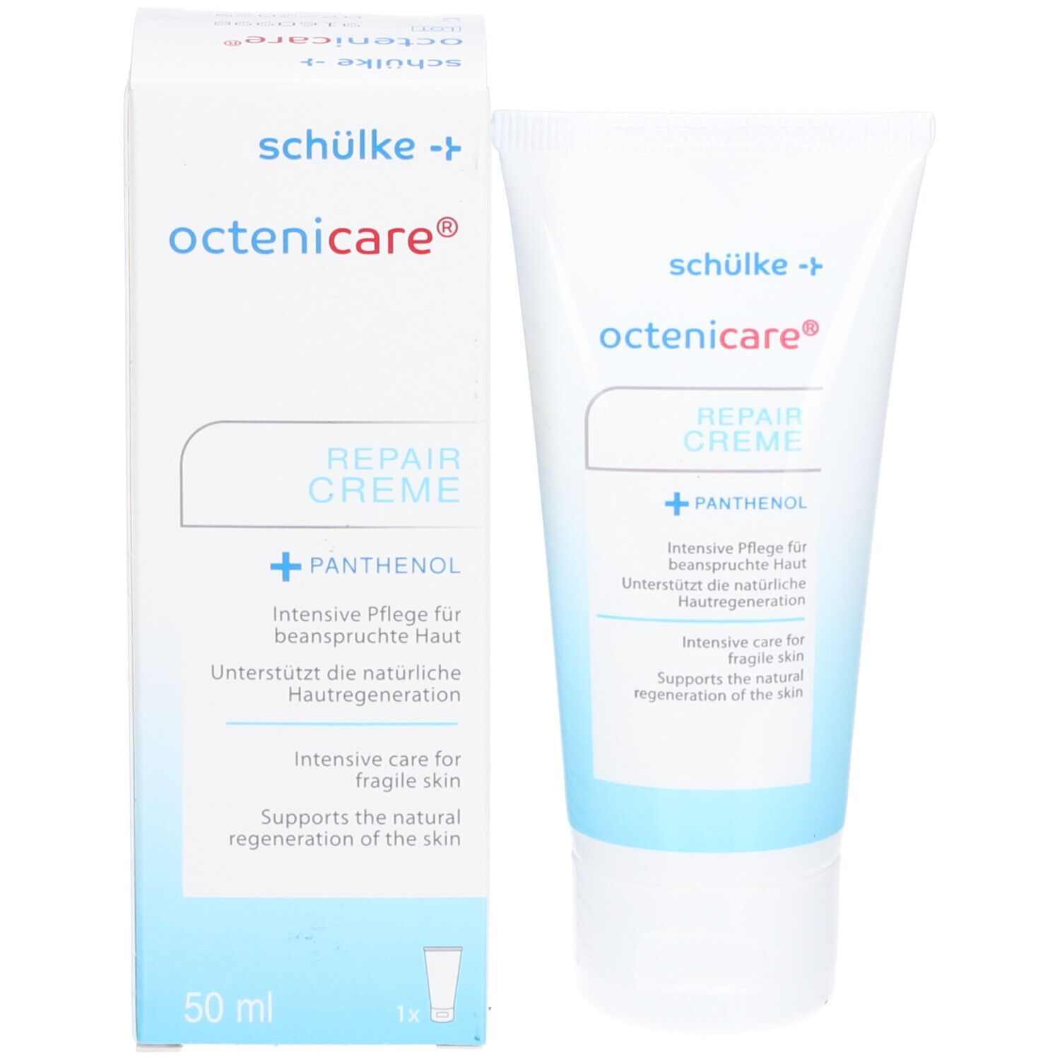 Produktverpackung und Tube. octenicare® Repair Creme, Panthenol. Hersteller: schülke +.