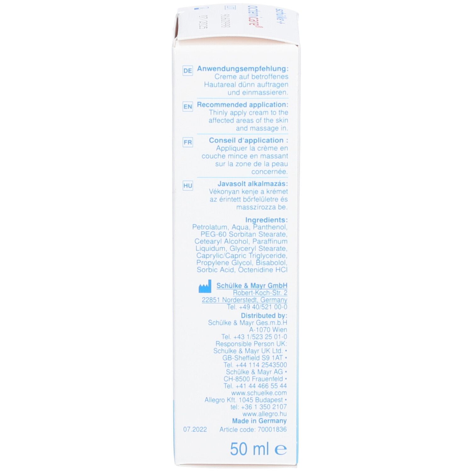 Verpackung. Anwendungsempfehlung, Inhaltsstoffe, Herstelleradresse. 50 ml.