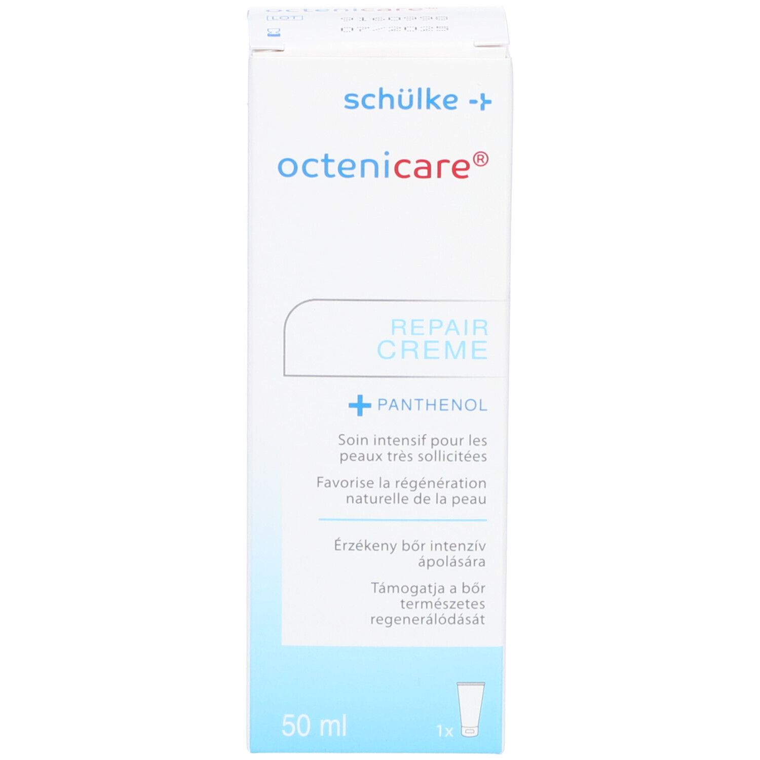 Verpackung. octenicare® Repair Creme, Panthenol. 50 ml. Hersteller: schülke +.