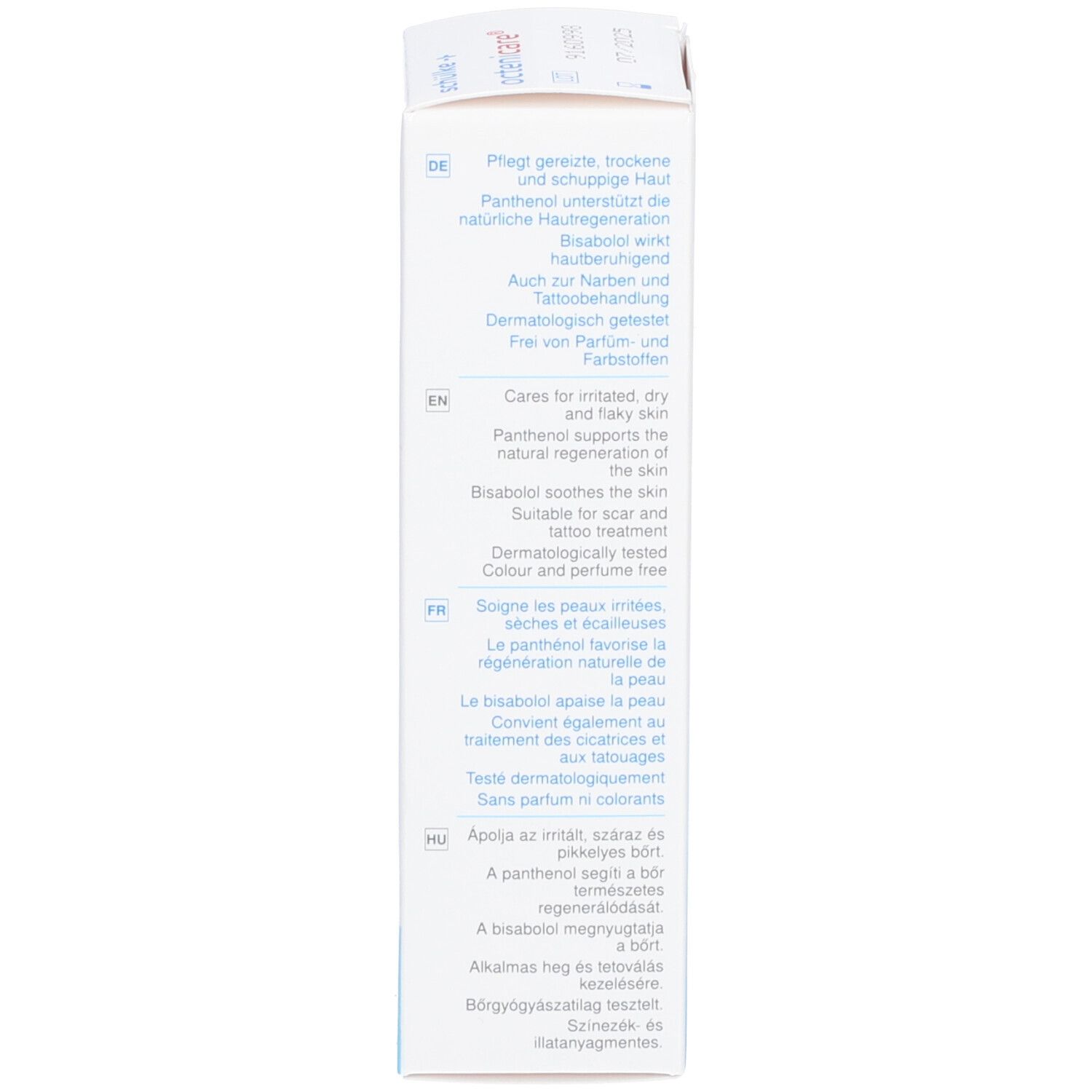 Verpackung. Pflege für irritierte, trockene Haut. Dermatologisch getestet. Ohne Parfüm.