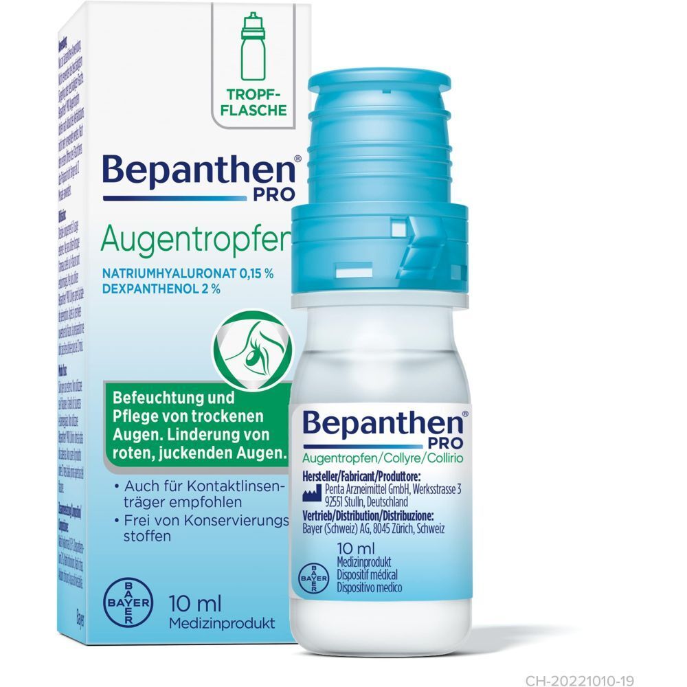 Augentropfen-Fläschchen und Verpackung. Blaue Kappe, weiße Flasche. Verpackung mit Produktinformationen.