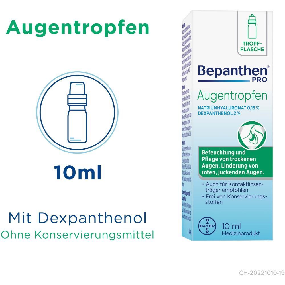 Verpackung mit Augentropfen-Fläschchen-Symbol. Produktname, Inhaltsstoffe, und Text. 10 ml.